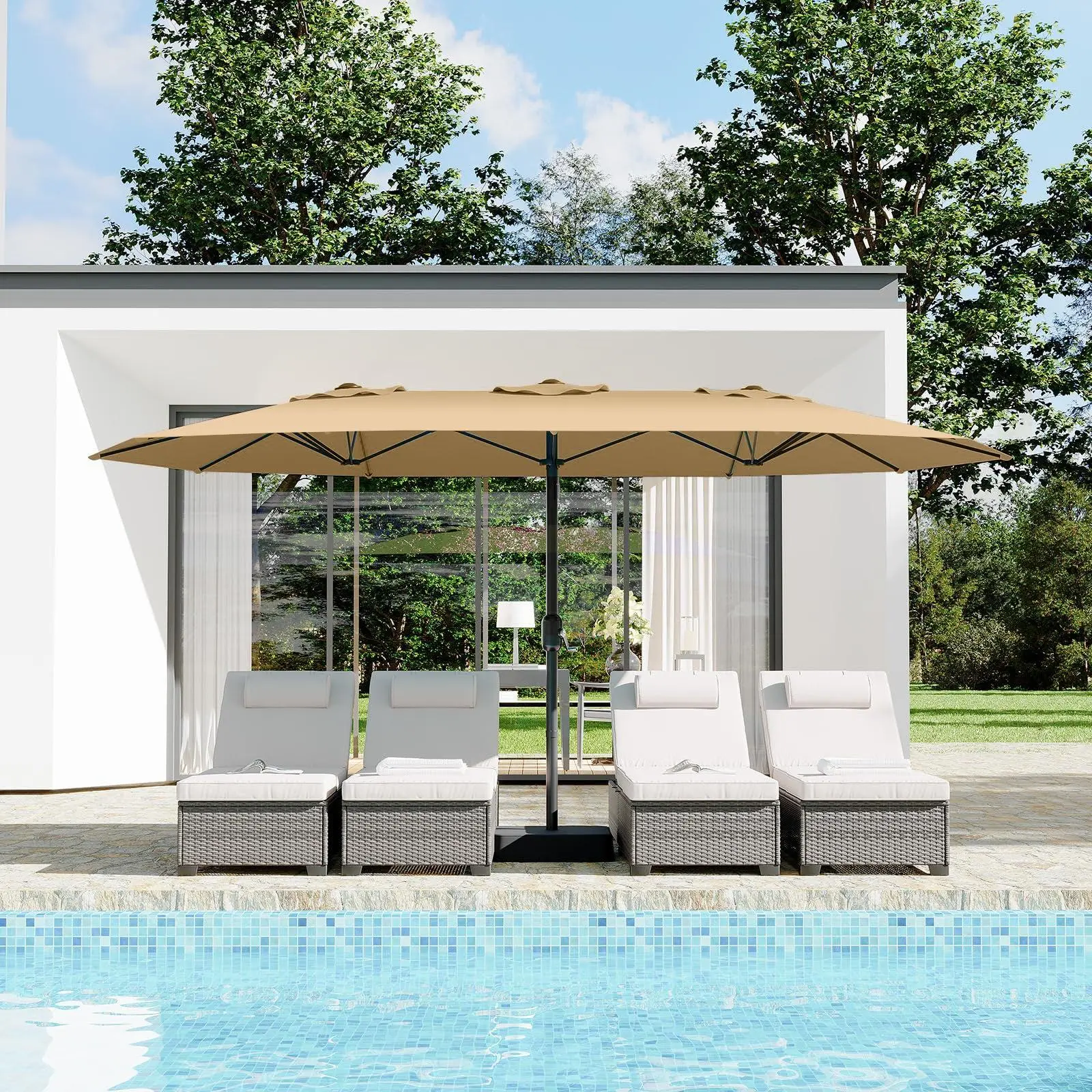 GARVEE15' Large Patio Umbrella with Base, Outdoor Double-Sided Rectangle Market Umbrella, Suitable for Poolside, Lawn, Backyard Use, Available in Beige, Grey, Wine Red, Misty Blue, and Navy Blue