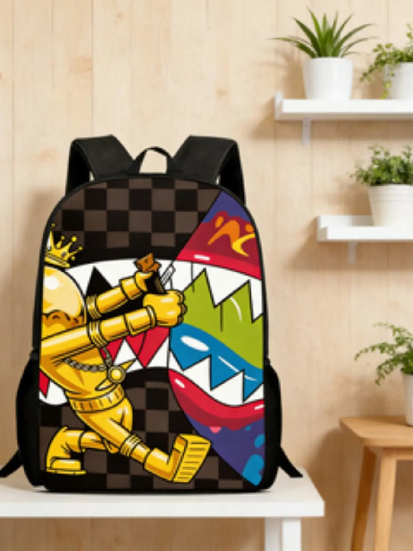 Cartoon Graffiti Golden Shark King Dual Shoulder Bag, Checkerboard Street Style Backpack, Casual Daily Use Backpack