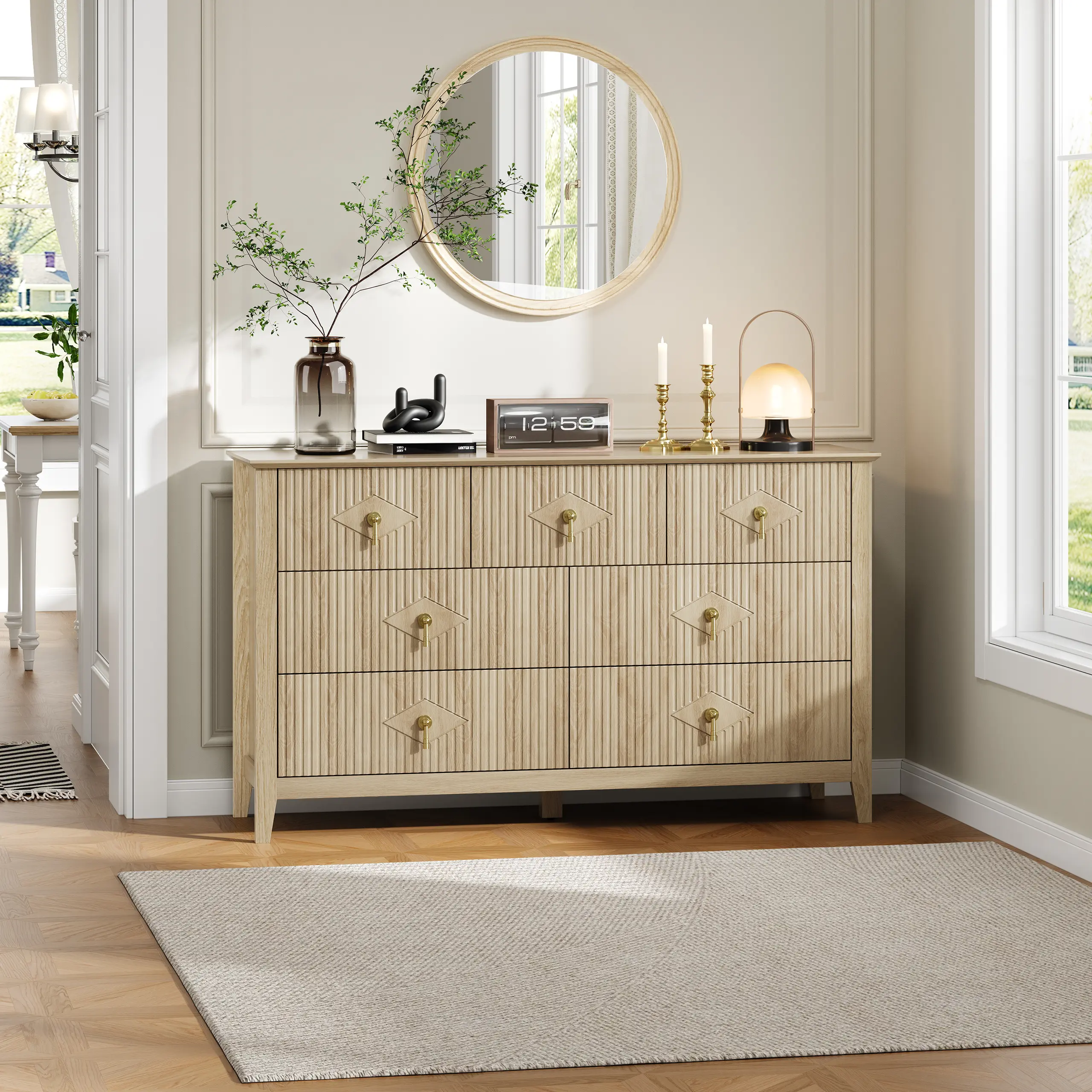 54" Wide 7-Drawer Wood Safety Storage Cabinet – Modern Fluted Industrial Dresser with Metal Handles, Anti-Tip Design, Easy Assembly – Perfect for Bedroom, Living Room, Entryway, Wood/Grey/White/Black