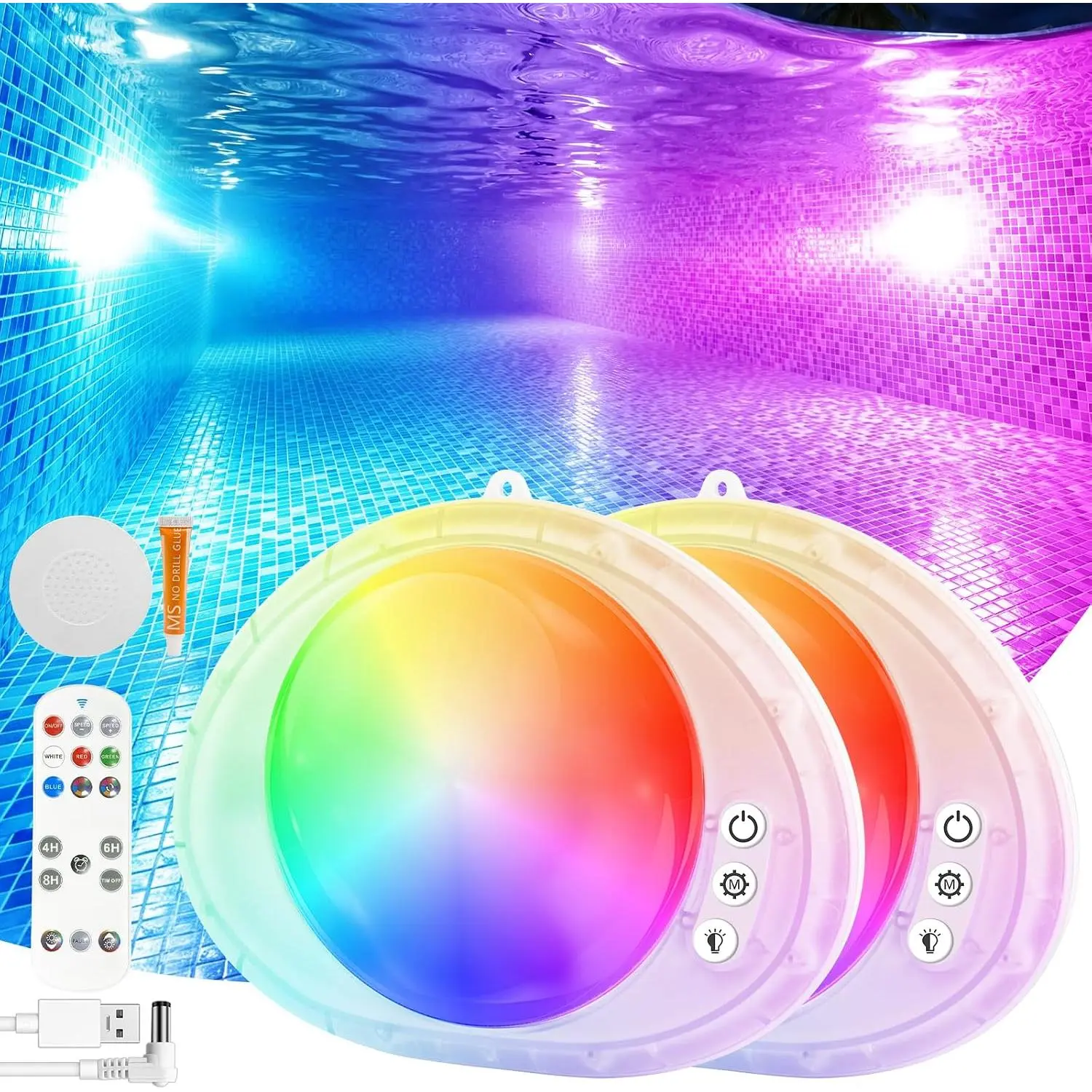 Waterproof Magnetic LED Pool Lights for Inground & Above Ground Pools - Submersible Swimming Light with Remote Control, for Hot Tub, 2-Pack