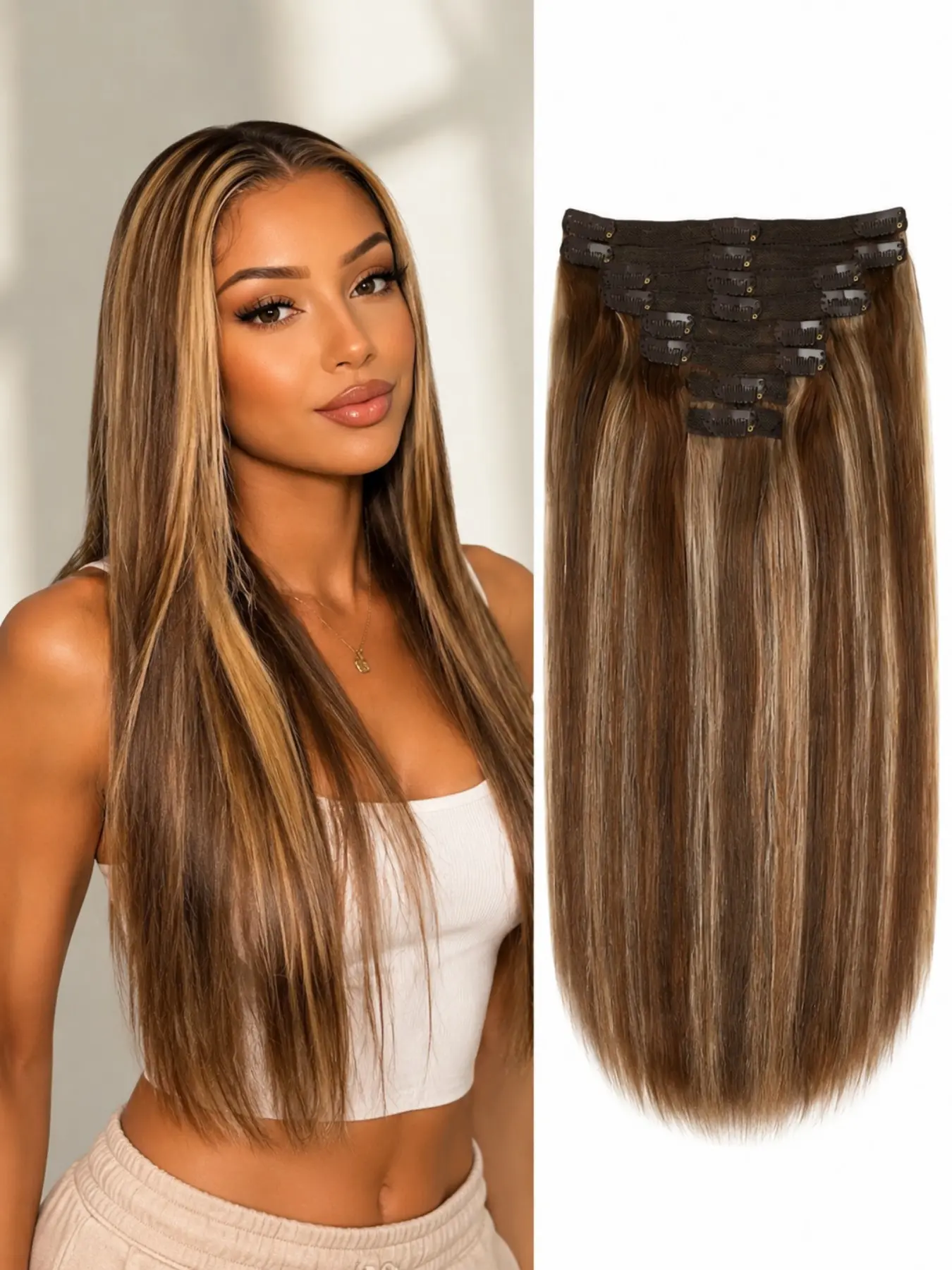 8PCS Double Weft Clip In Human Hair Extensions, Brazilian Remy Hair for Women, #4/27 Chocolate Brown to Honey Blonde Ombre Color, Thick Soft Natural Hair Pieces