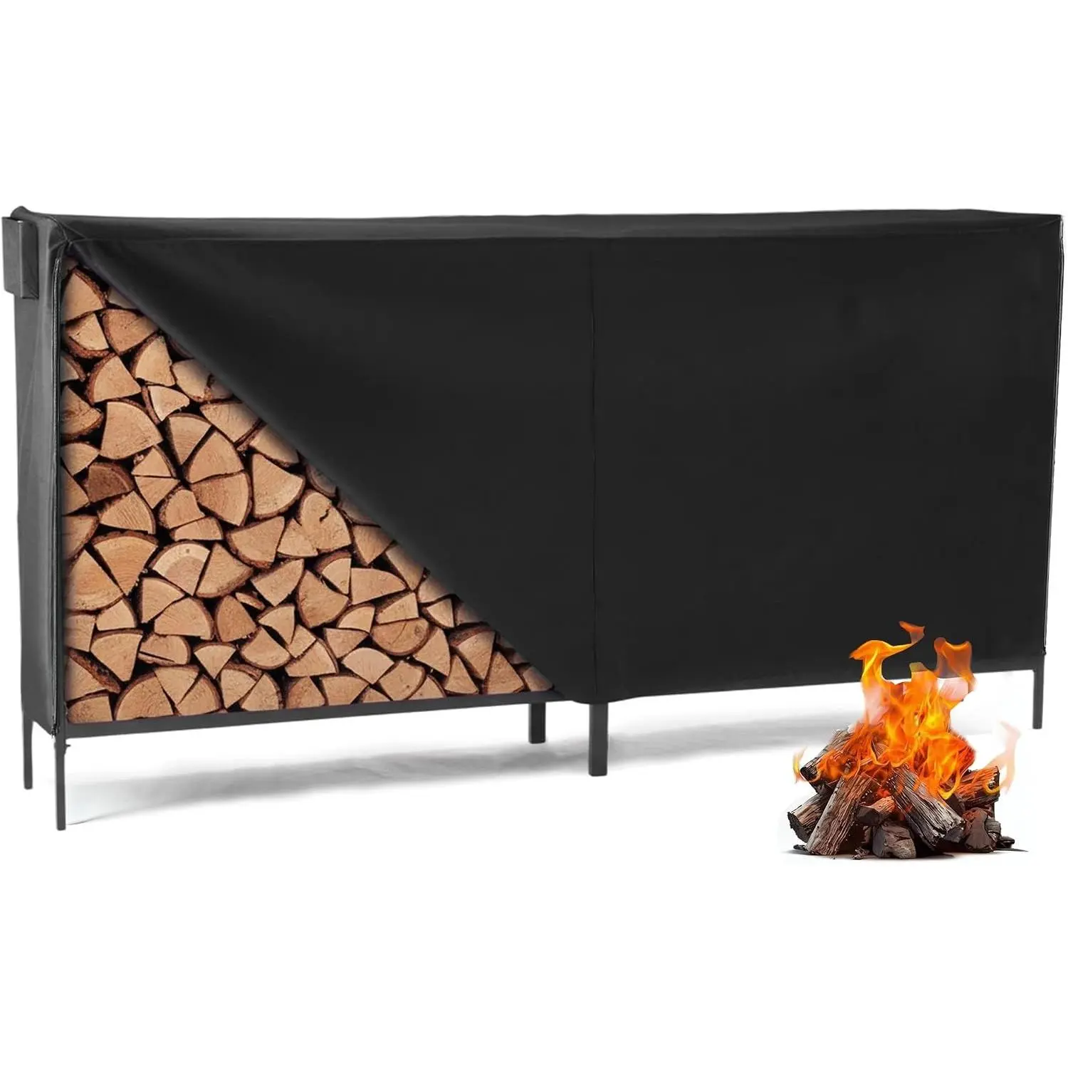 8FT Firewood Rack Outdoor, Firewood Storage Rack with Cover | Heavy Duty Fire Logs Racks Cover with Zipper, Wood Racks Storage Logs and Cover Set for Farm Garden Patio, Black