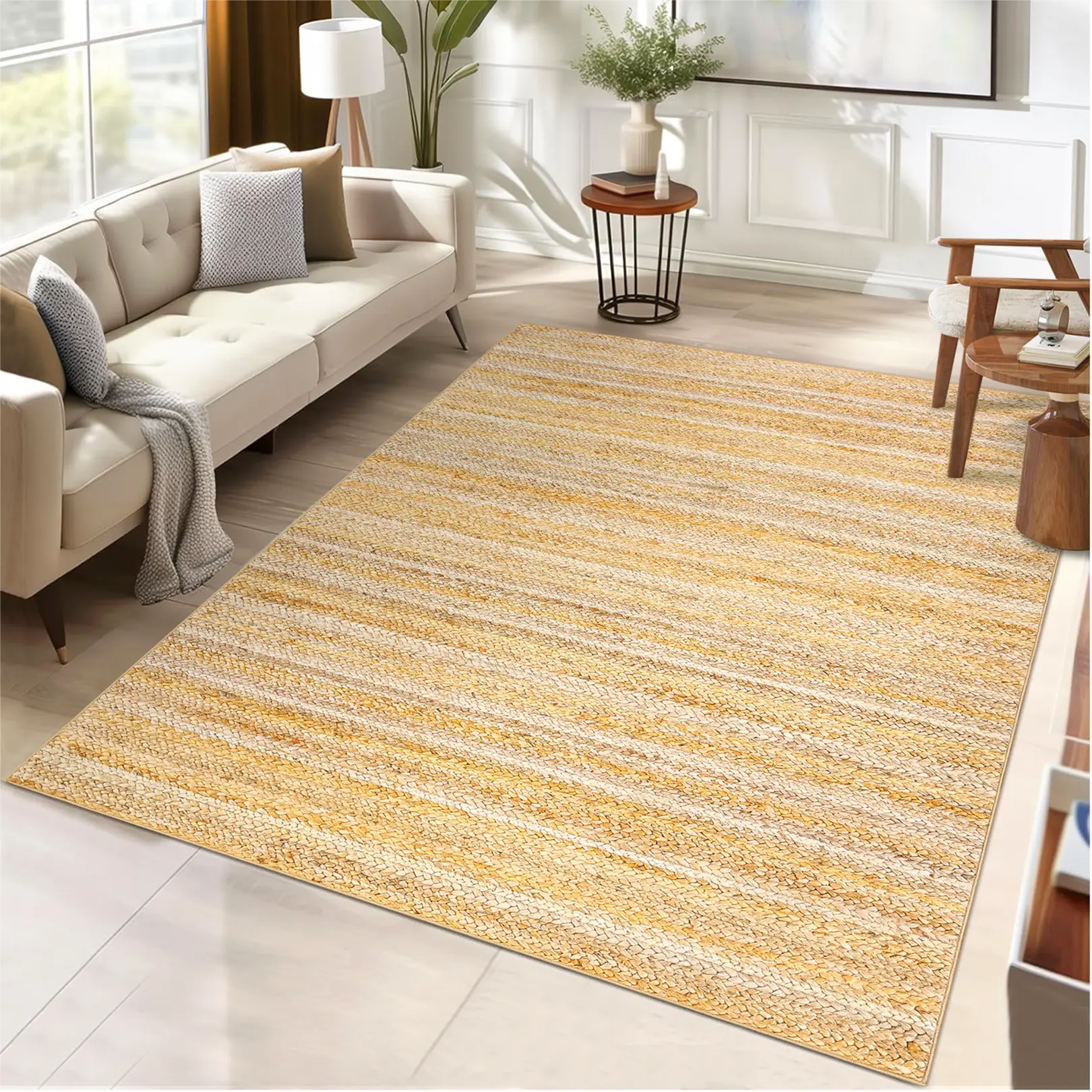 Washable 10x13 Rug with Braided Print, Low Pile Non-Slip Non-Shedding Large Area Rug for Living Room Bedroom Nursery Farmhouse Playroom, Natural, Brown, Green Camel, Gray Camel Multiple Sizes Available