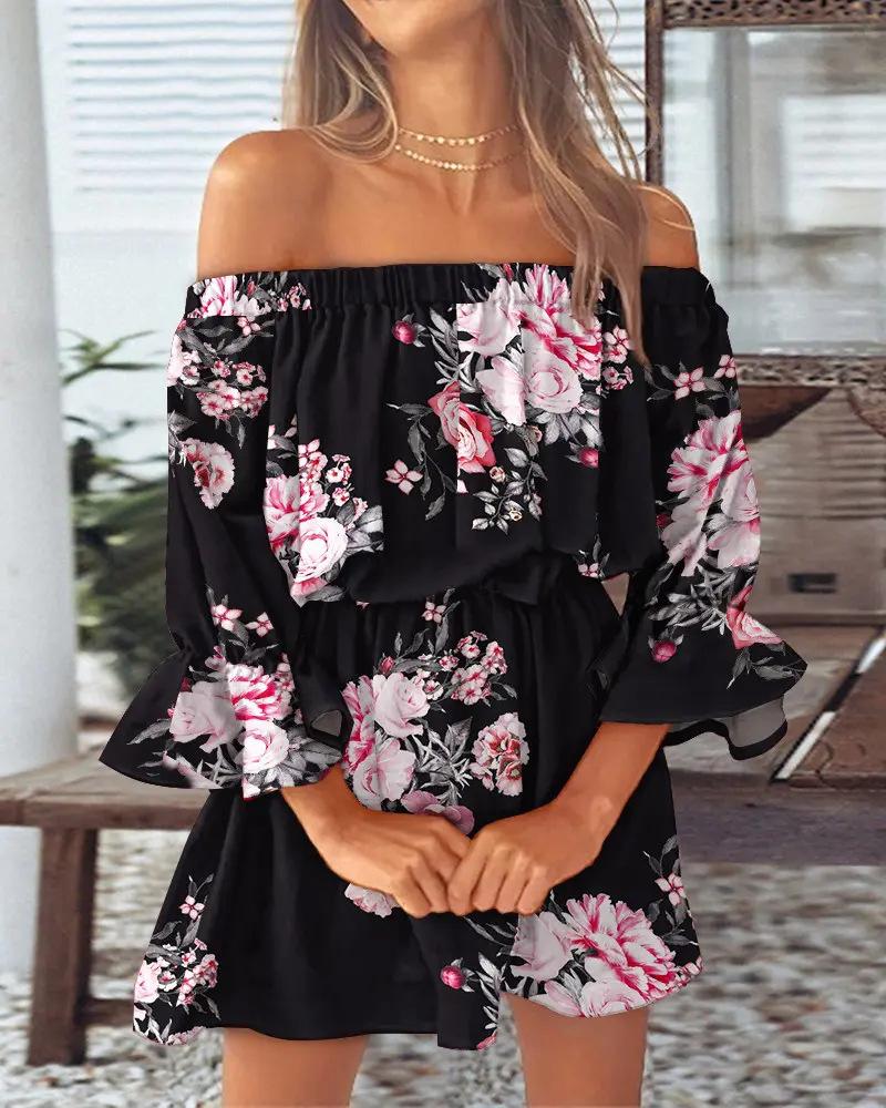 Fashion Shoulder Print Dress Women's Clothing