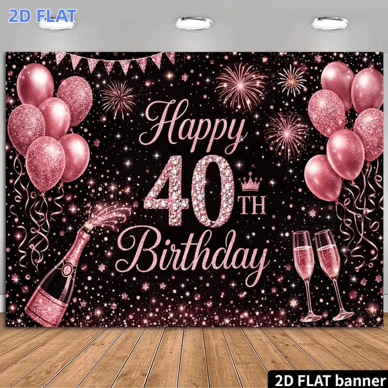 2D Flat Banner 1pc, 40th Birthday Party Banner Backdrop Black and Pink Diamond Theme with Rhinestone-Encrusted Rose Golden Number 40 Crown Champagne Bottle Champagne Glass Triangle Pennant Flags and Rose Golden Balloon Decorations