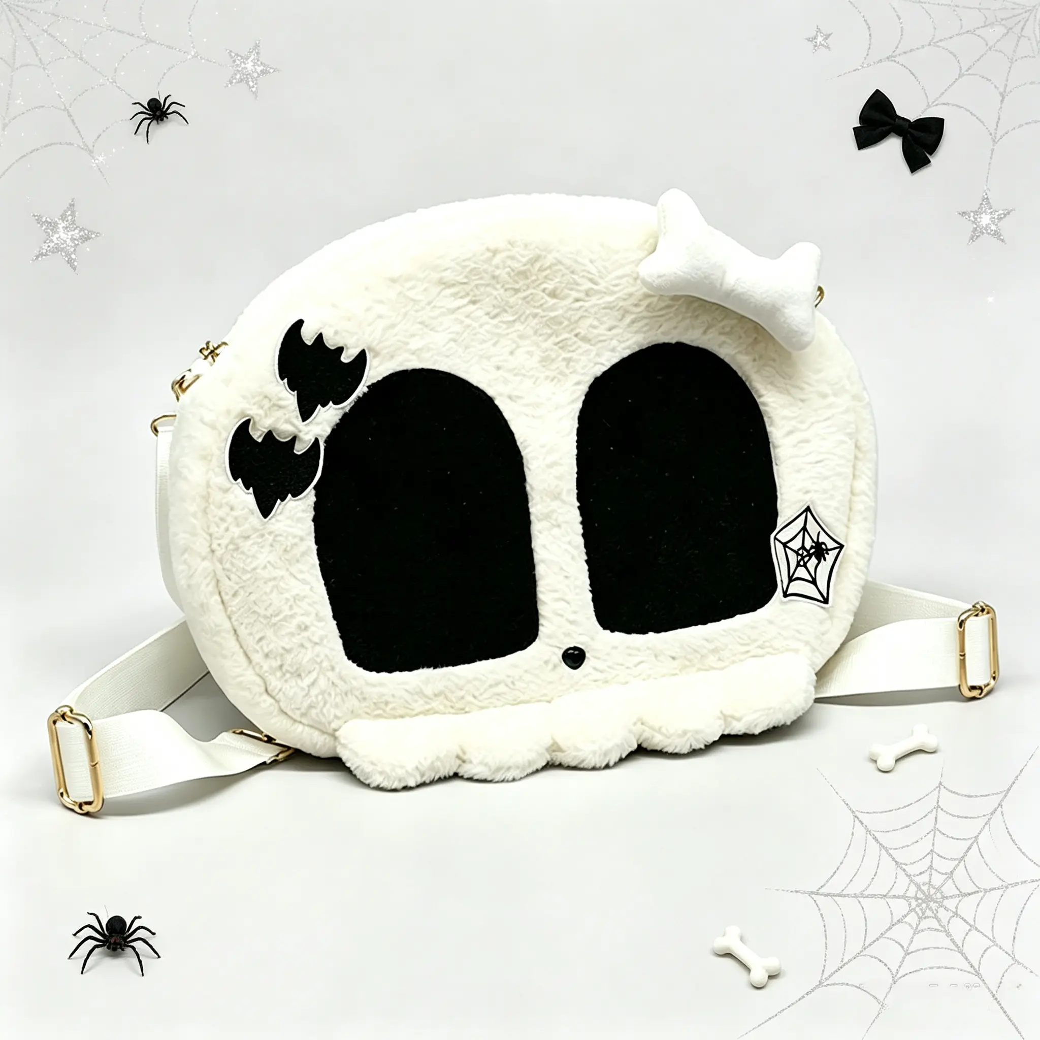 Women's Cute Faux Fur Plush Skull Backpack with Interlayer Zip - Gothic Spooky Ita Bag, Bat/Spiderweb Design, Y2K Crossbody/Shoulder Purse, Anime Cosplay Halloween Costume Gym Daypack Gift