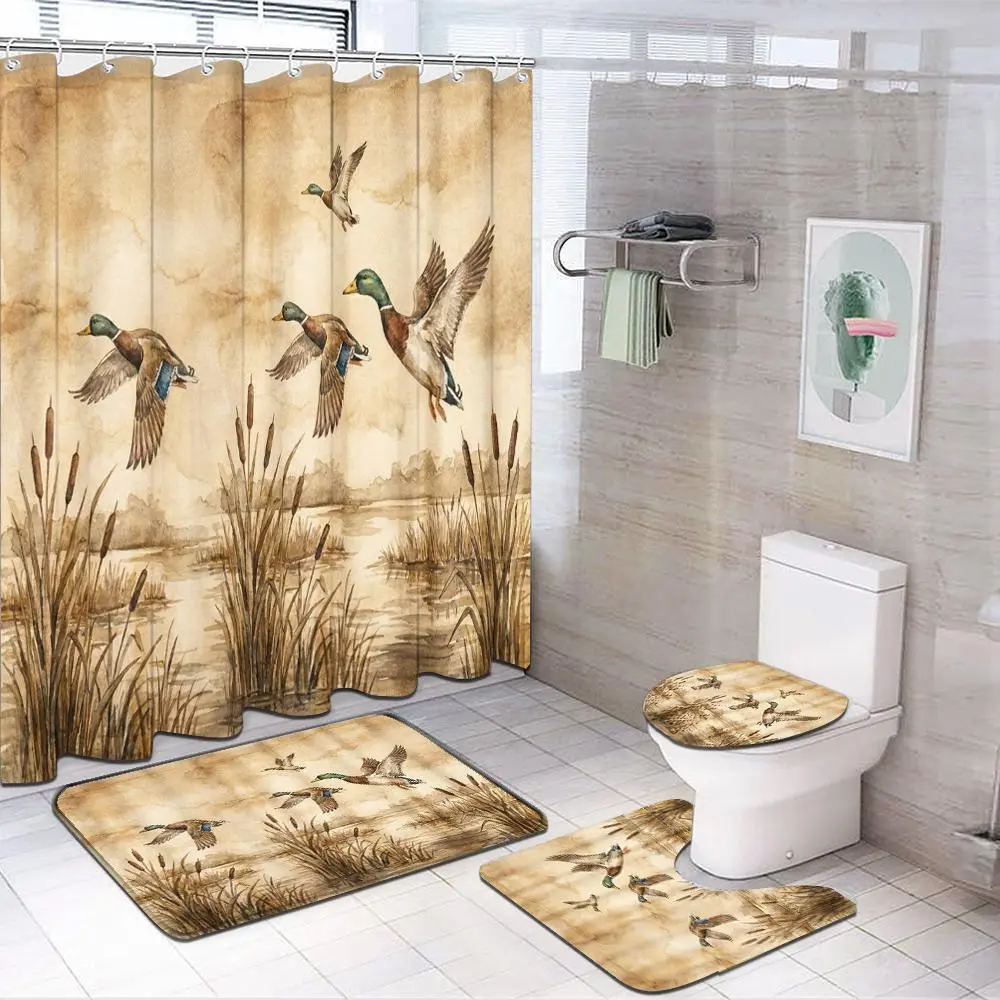 Vintage Watercolor 1/4pcs Mallard Duck Shower Curtain Set, Brown and Beige Rustic Bathroom Decor, Accessories with Bath Mat, U-shaped Mat, Toilet Lid Cover, Shower Curtain Includes 12 Hooks, Flying Duck Marsh Design, Home Decor, Bathroom Accessories.
