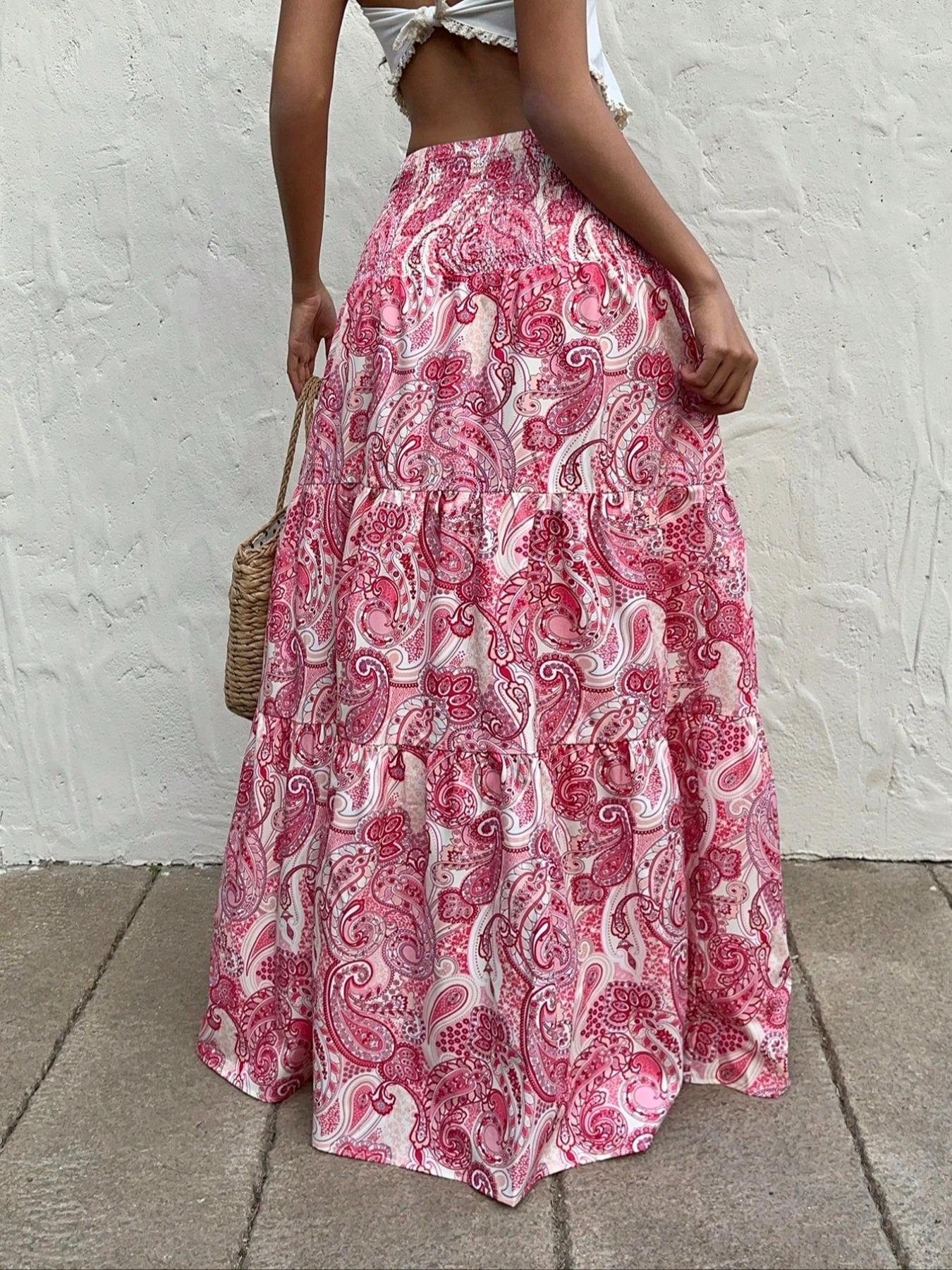 Women's Paisley Print Boho Maxi Dress, Fitted Waist Long Skirt, Comfortable All-Season Woven Fabric, Perfect for Vacation & Casual Wear, Casual Comfy Skirt