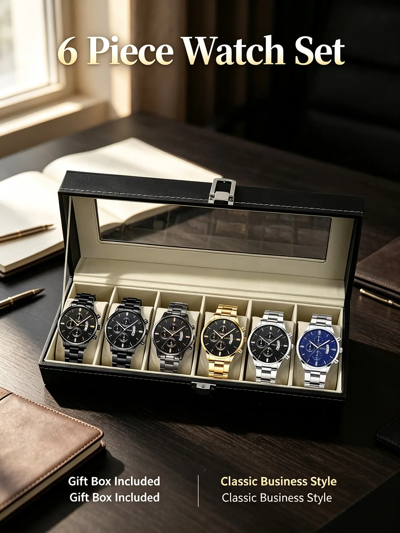 6‑Piece Men Quartz Watch Set, Multifunctional Calendar Business Wrist Watches with Metal Steel Band, Deluxe 6‑Slot Transparent Window Watch Display Gift Box, Boxed Watches, Classic Wristwatch Collection for Men Birthday Holiday Gift
