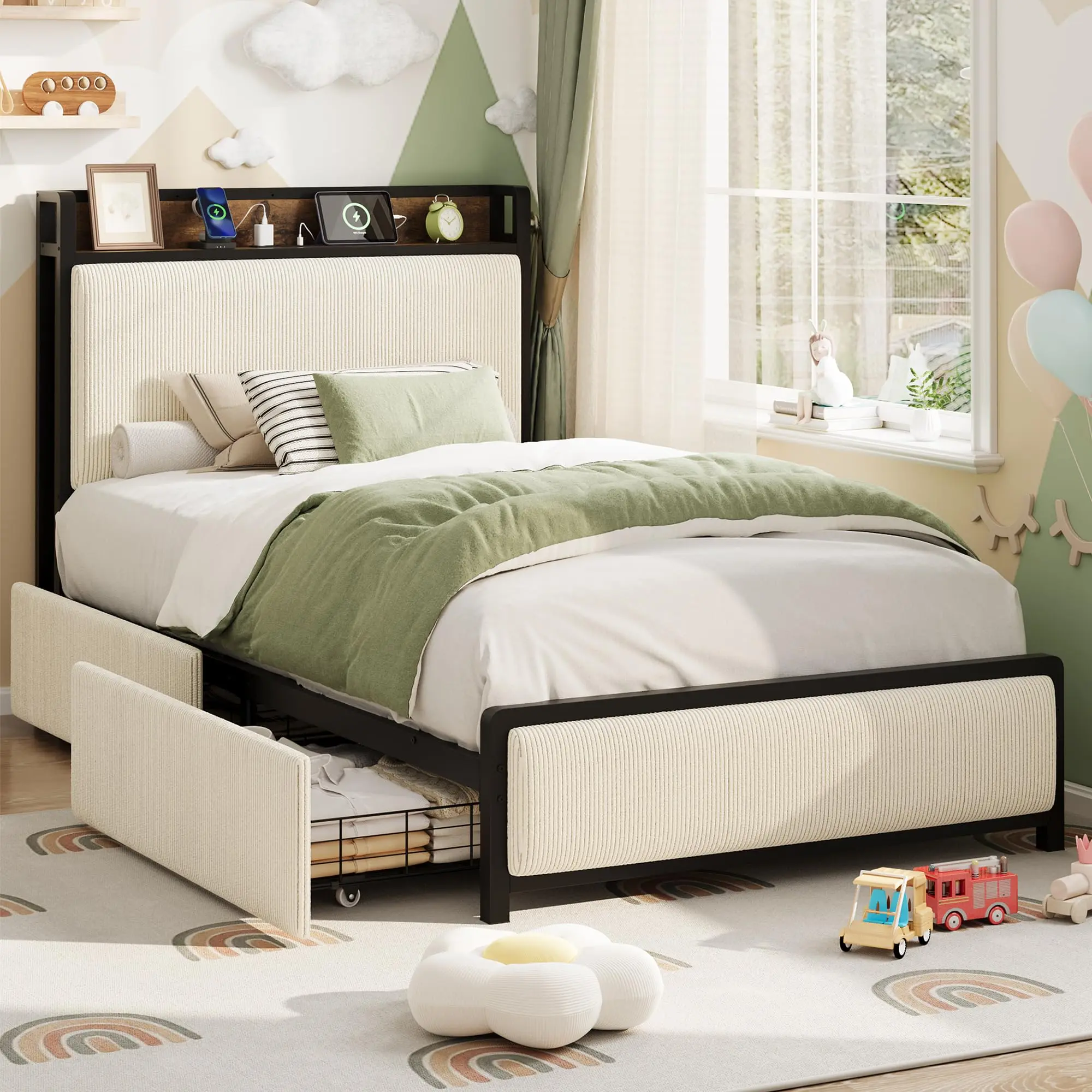 Upholstered Bed Frame with Storage Headboard, 2 Underbed Storage Drawers & Charging Station - Heavy Duty, Noise-Free, No Box Spring Needed, Easy Assembly, Contemporary, Ideal for Apartment & Studio Apartment Furniture, Upholstered Bed Frames