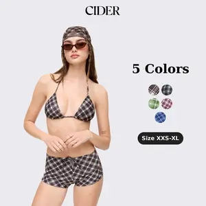 Cider 4-Piece Set Halter Neckline Check Knotted Triangle Tie Side Bikini Set With Cover Up Shorts & Headscarf Chic Swimsuit Set Fashion Beachwear Swimwear SummerWins Dealsforyou