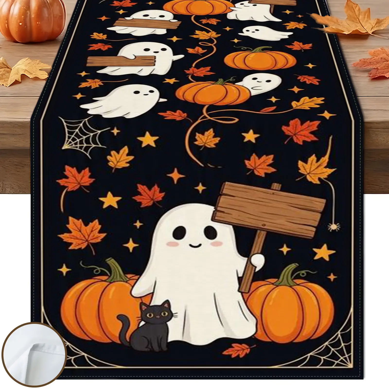 1pc Black Ghost Sign Table Runner, Halloween Cartoon Style, Black White Ghost Wood Sign Pumpkin Kitten Star Pattern, for Halloween Party Table Decor.