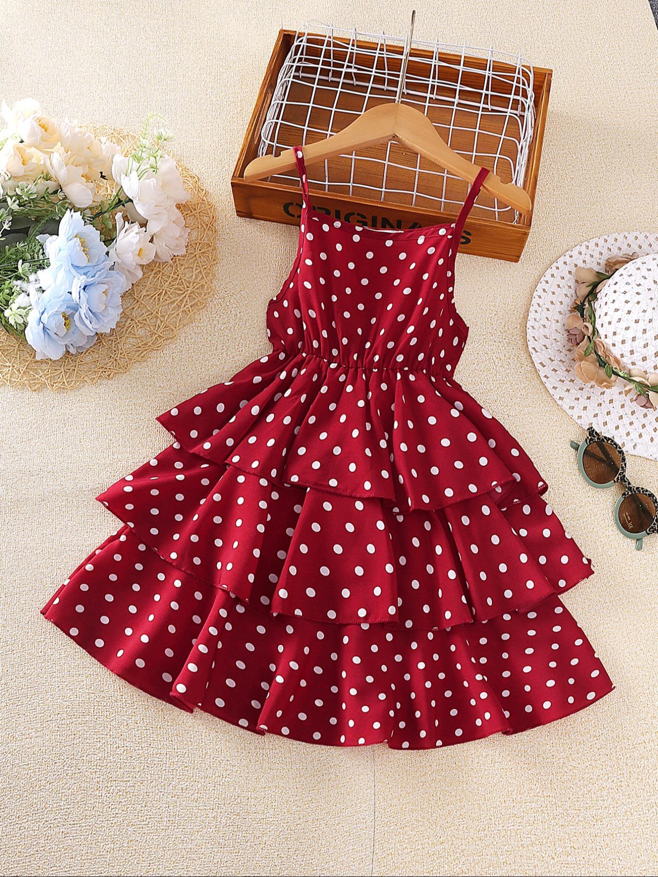 Girls' Polka Dot Halter Ruffle Hem Dress with Layered Design, Elastic Waist Summer Fashion, Casual Wear for Beach Vacation, Summer Clothes Dress