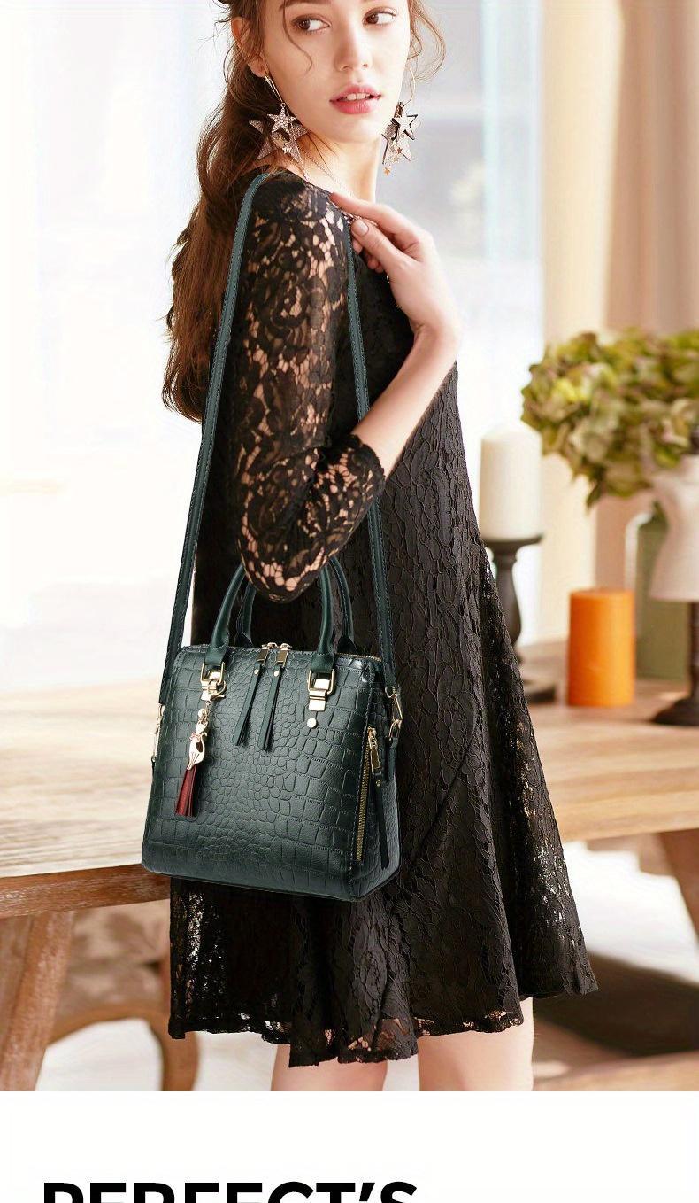 Fashion Crocodile Pattern Women's Handbag 2-piece Set, Women's Shoulder Bag with Tassel Decoration, Metal Cat Pendant Crossbody Bag