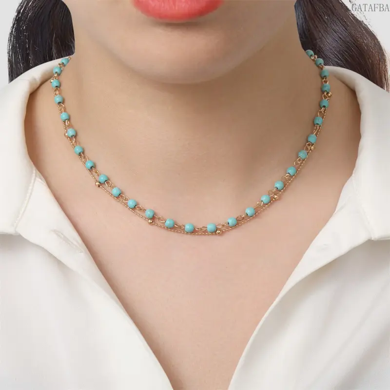 Women's Trendy Gold Double-Layer Round Pearl Turquoise Beaded Necklace - Adjustable Chain Turquoise Jewelry for Casual Sports, Outdoor Activities & Daily Wear