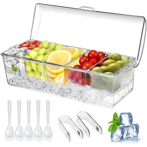 Large Ice Chilled Condiment Caddy, Chilled Condiment Containers Server with Lids for 5 Removable Compartments (2.5 cup), Serving Platters, Fruit & Garnish Tray for Party Supplies & Bar Accessories