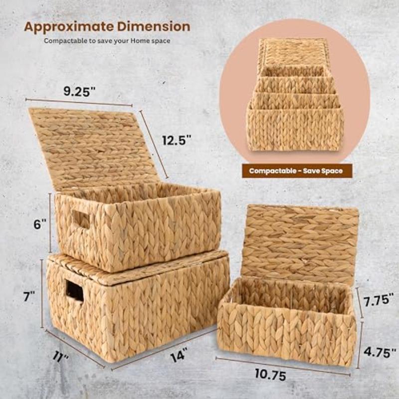 Wicker Storage Baskets with Lid Set 3 Basket With Lid Decorative Storage Rectangle Wicker Storage Basket Large Rattan Storage Box Hyacinth Baskets