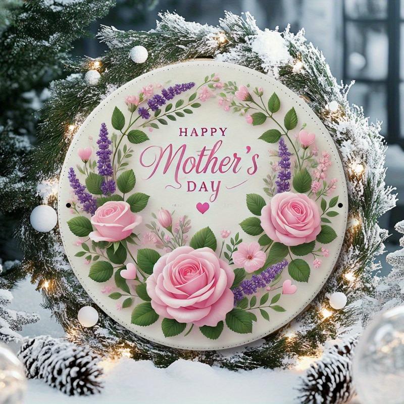 Happy Mother's Day Round Iron Wreath Sign, Vintage Floral Design with Pink Roses and Green Leaves, Easy To Hang for Indoor/outdoor Decoration - A Perfect