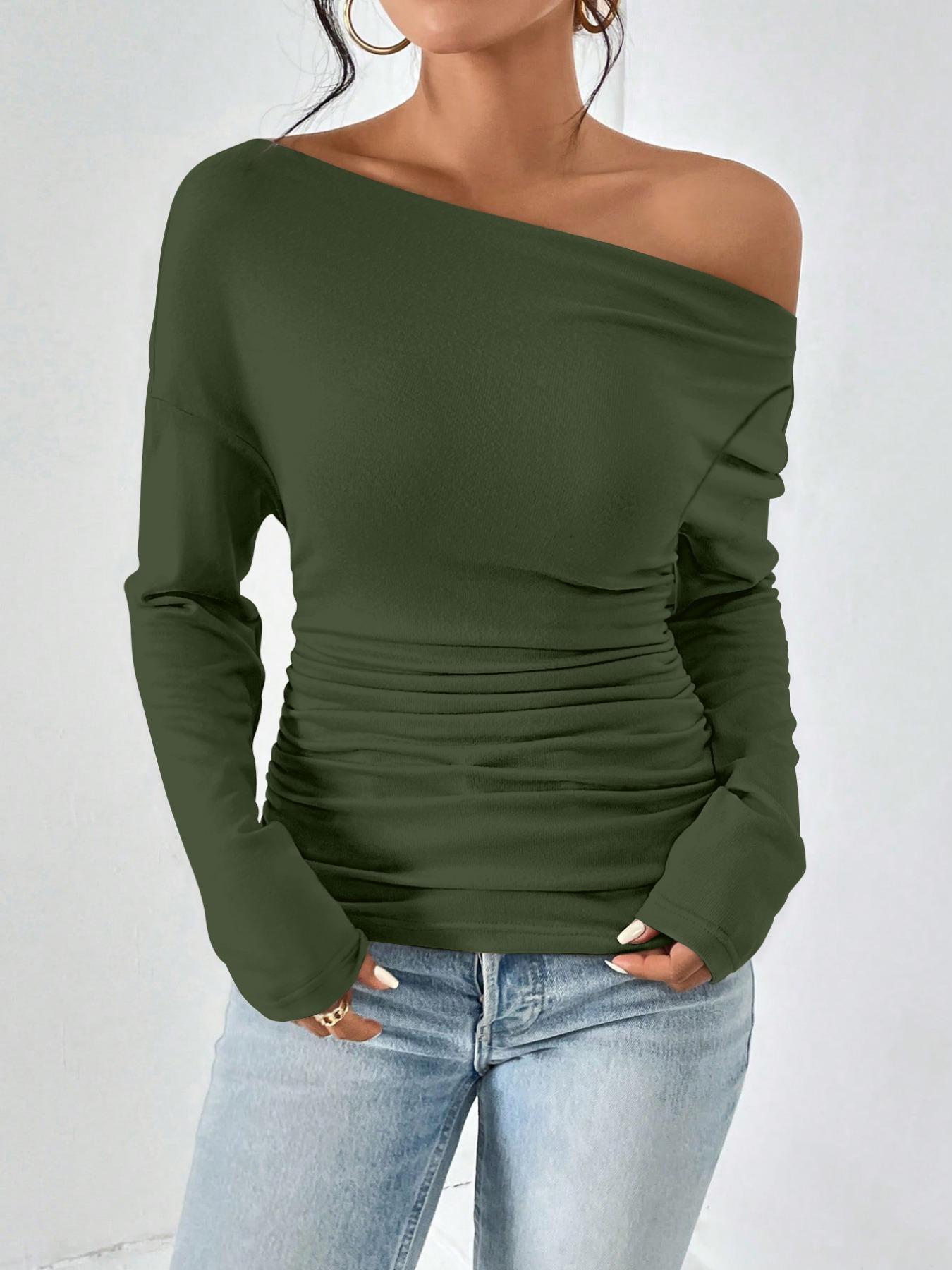 Women's Plain Ruched Asymmetrical Neck Tee, Casual Fashion Soft Drop Shoulder Long Sleeve T-shirt for Spring & Fall, Women's Top for Dating Daily Wear Style