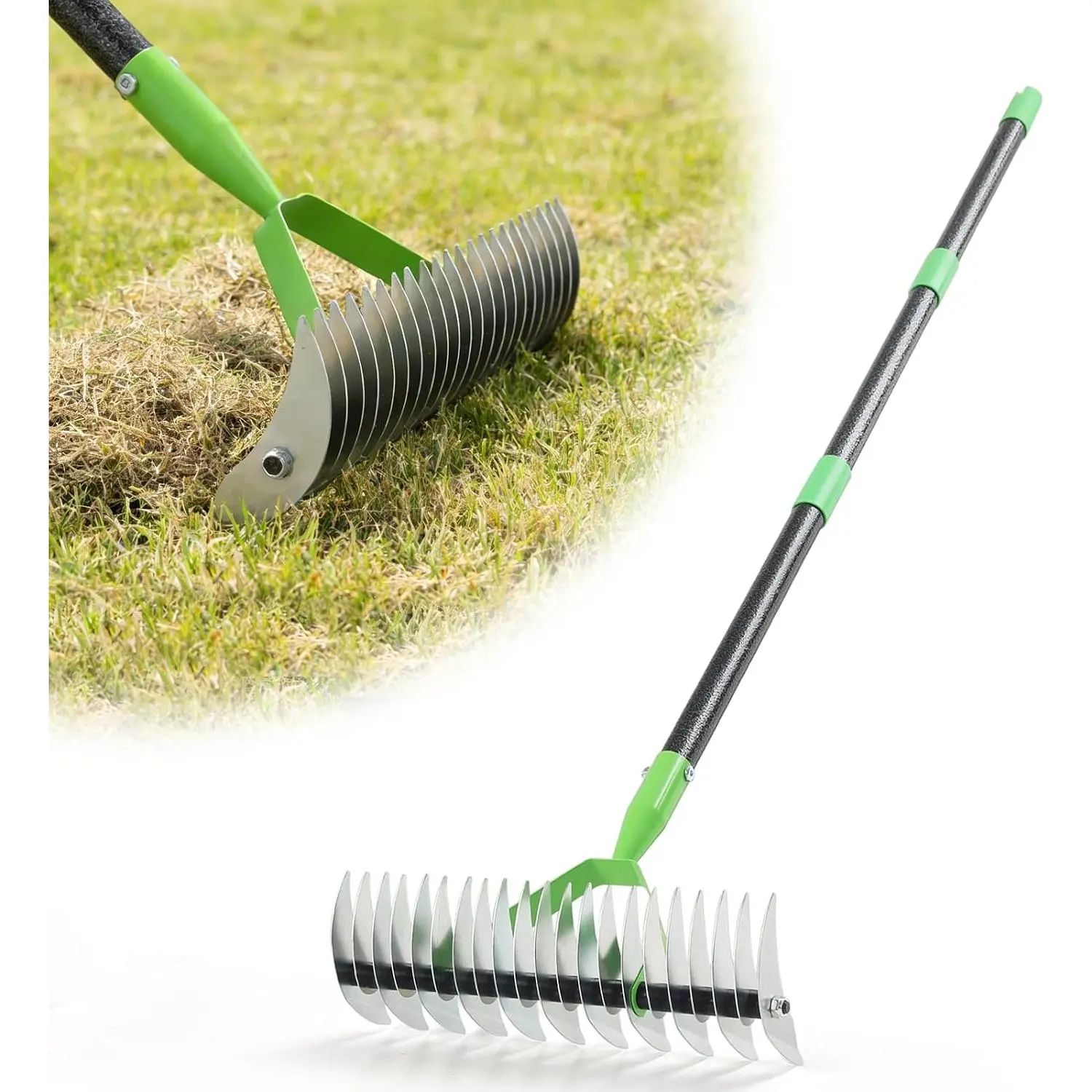 -Action Dethatcher Rake - 21-Tine, Adjustable Long-Handle Landscaping Rake with 55", Heavy Duty Thatch Rake,Turf Rake for Artificial Grass, Metal Rake for Spring Lawn Care, Soil Aeration
