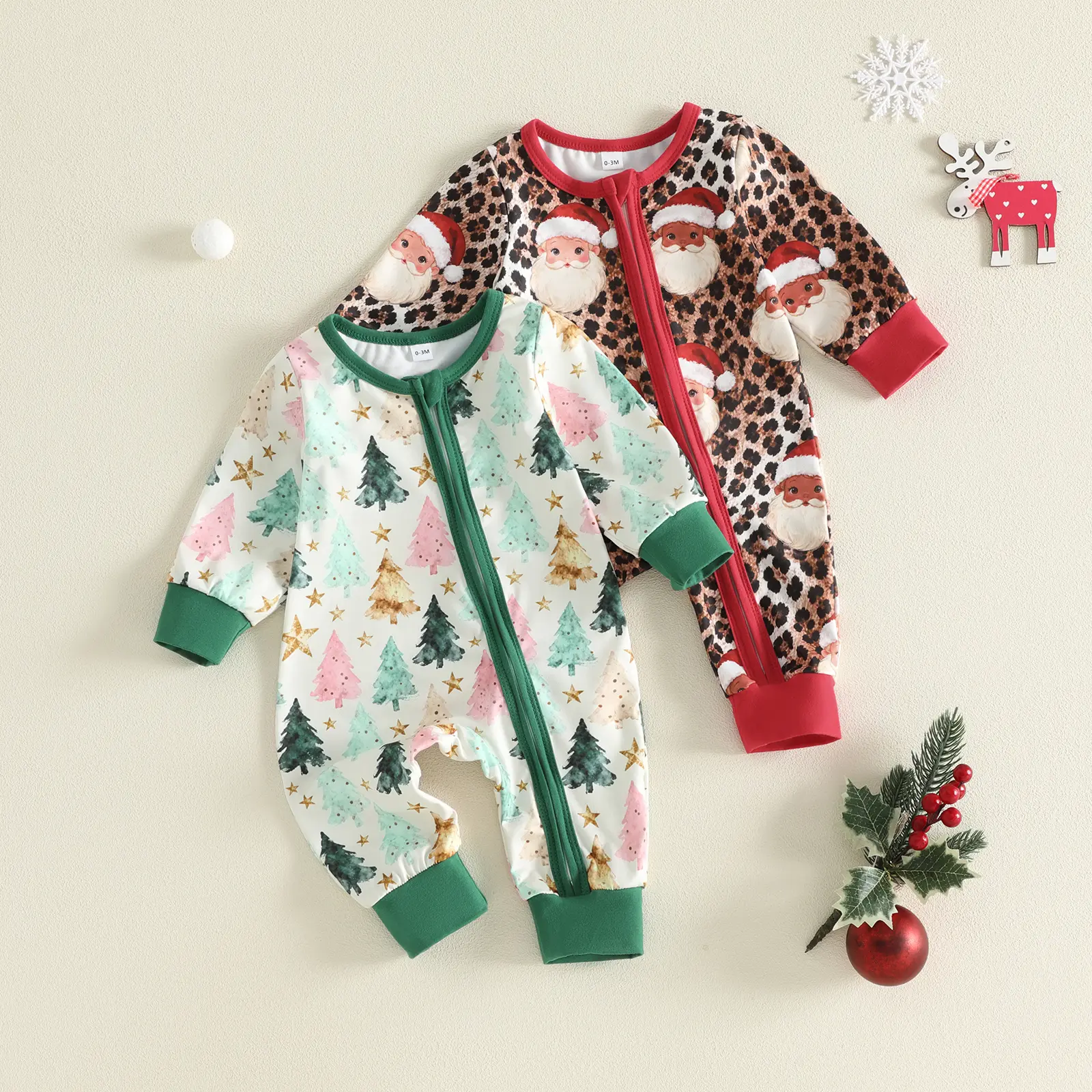 Babamoon Newborn Infant Baby Boy Girl Christmas Romper Zip Front Print Crew Neck Long Sleeve Jumpsuit 0-18M