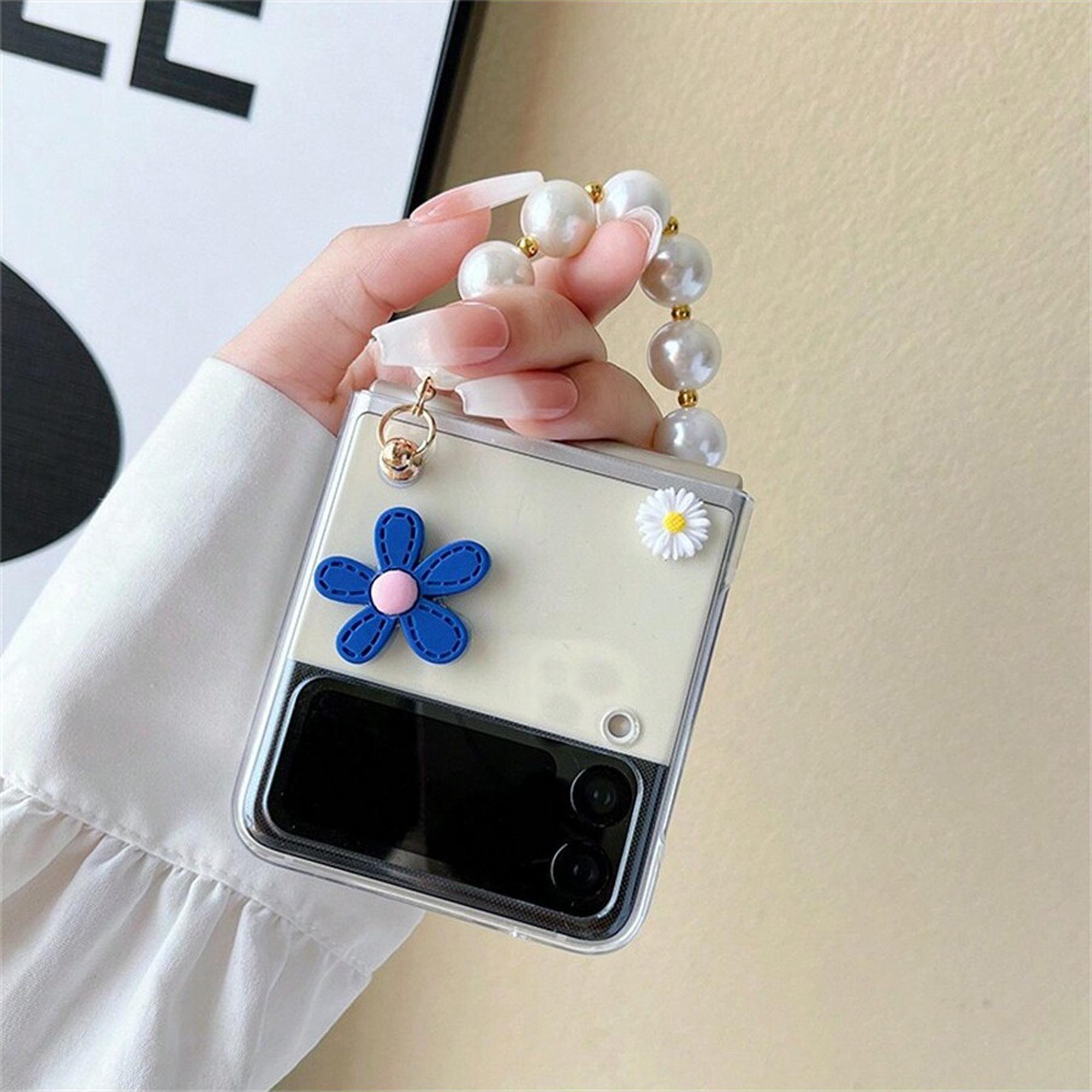 Cute Flower Design Phone Case with Pearl Chain, Fashion Phone Protective Cover, Phone Accessories Compatible with Samsung Galaxy Z Flip 3 4 5 6