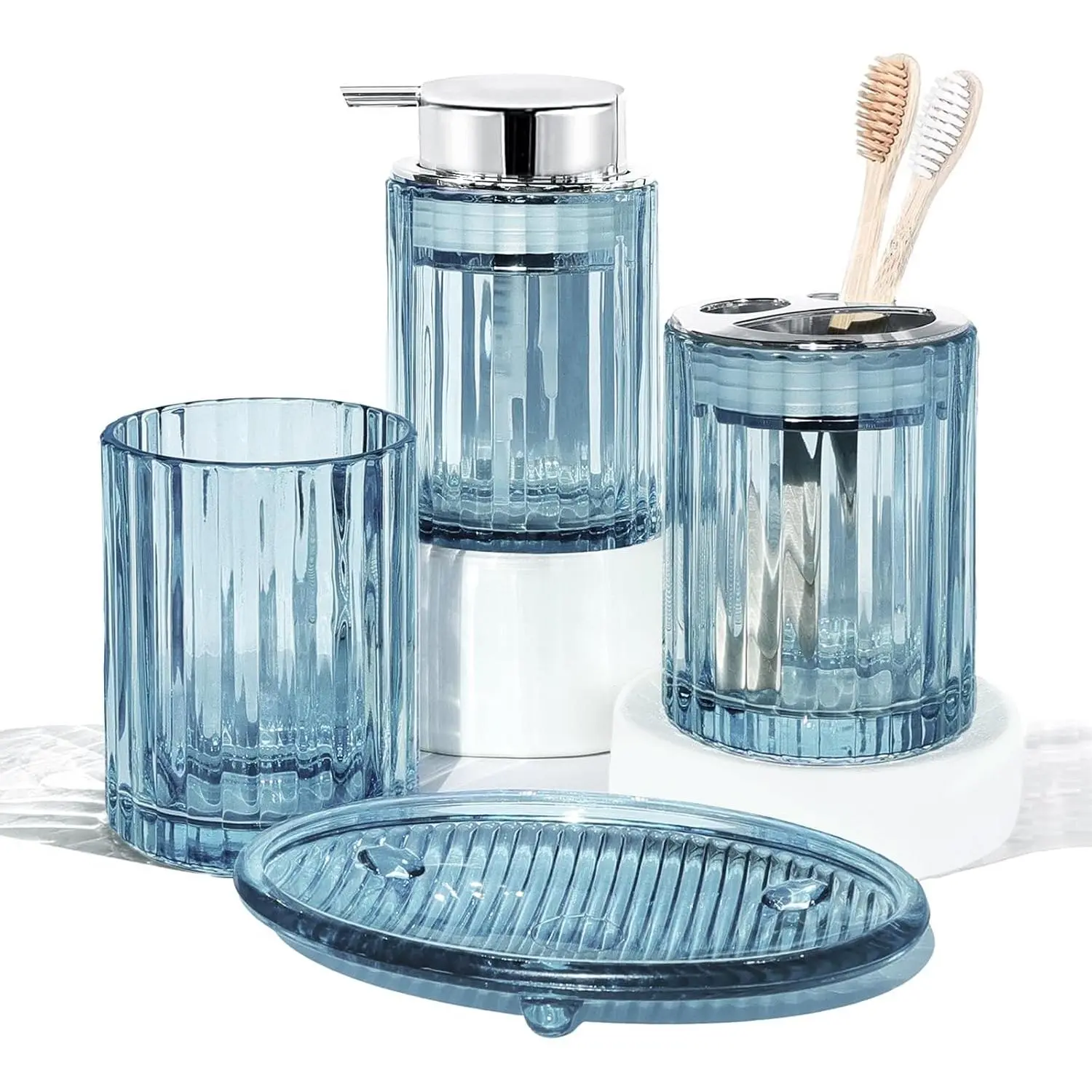 CERBIOR Bathroom Accessories Set, 4 Pcs Glass Accessories Sets Includes Soap Dispenser, Toothbrush Holder, Toothbrush Cup, Soap Dish for Decorative Countertop and Housewarming Gift,Silver Blue