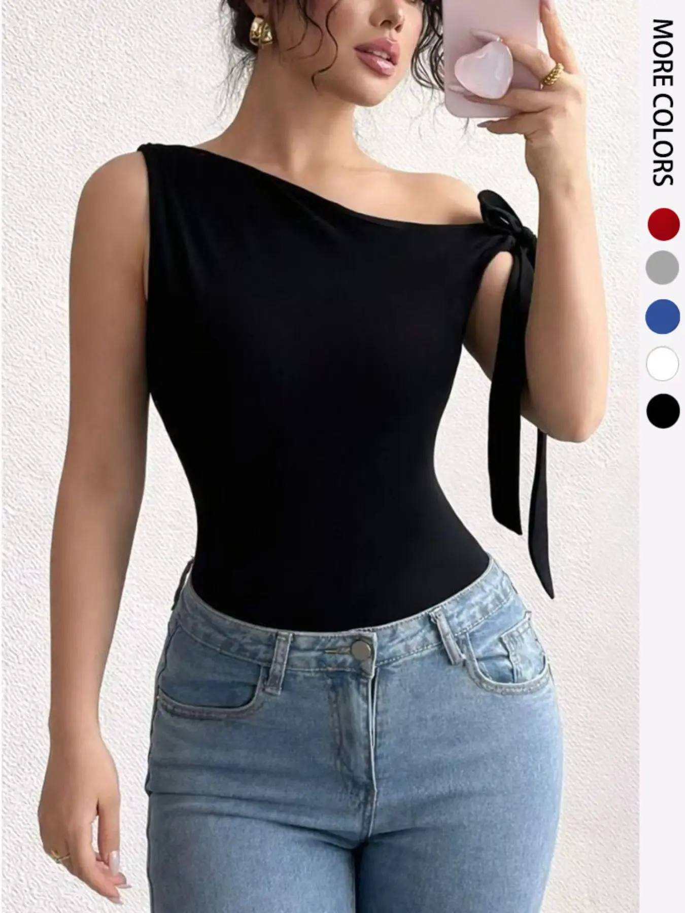 Summer Women's Asymmetric Neckline T-Shirt, Chic Casual Style Sleeveless Slim-Fitting Feminine Top, Soft Stretch Fabric, Plain Design, Perfect for Daily Wear, Strap