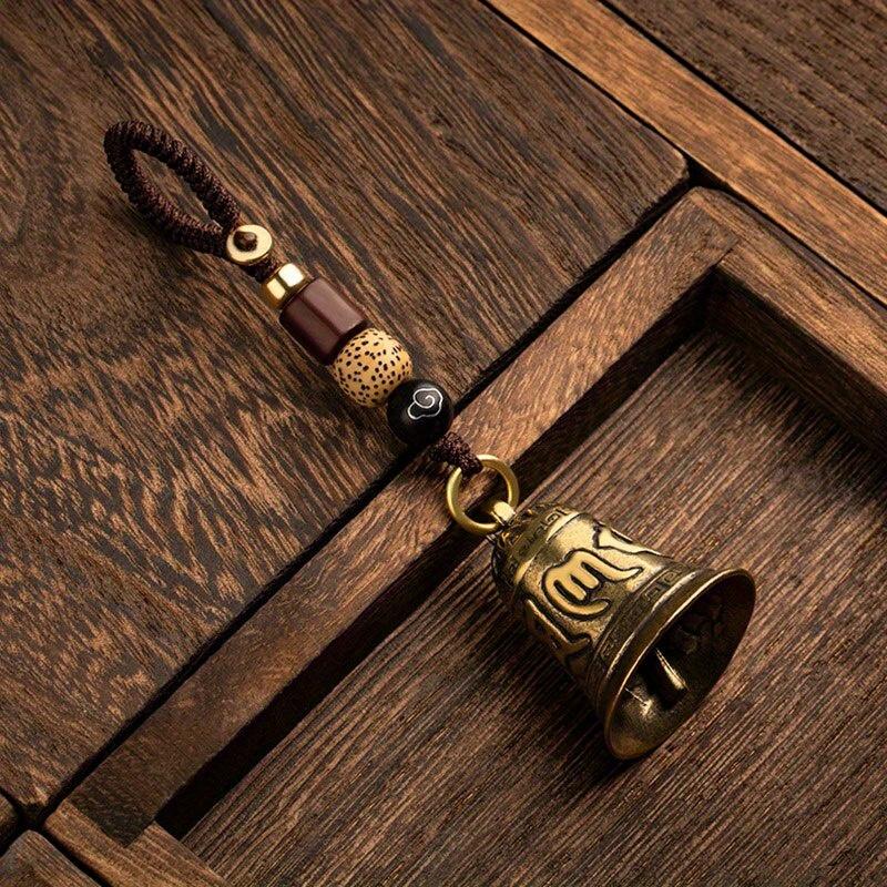 Vintage Brass Bell Pendant Keychain With Handmade Rope Lanyard, Six-Mantra Inspired Decorative Charm, Portable Hanging Ornament for Car Keys and Daily Bag Decoration