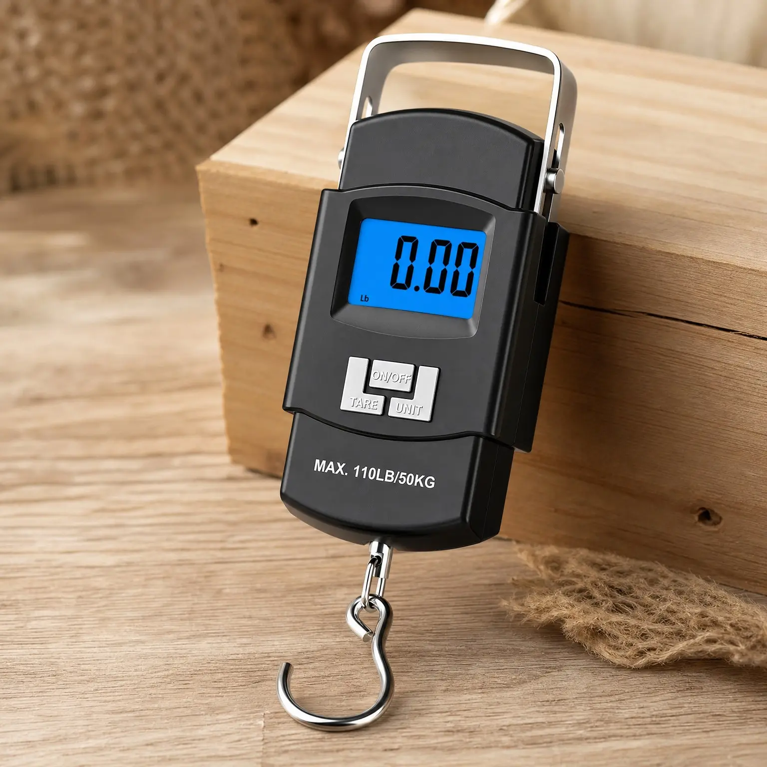 Digital Fishing Scale 110lb/50kg with Backlit LCD, Portable Handle, Stainless Steel Hook & 2 AAA Batteries – Reliable Fishing Gear & Great Gift for Men