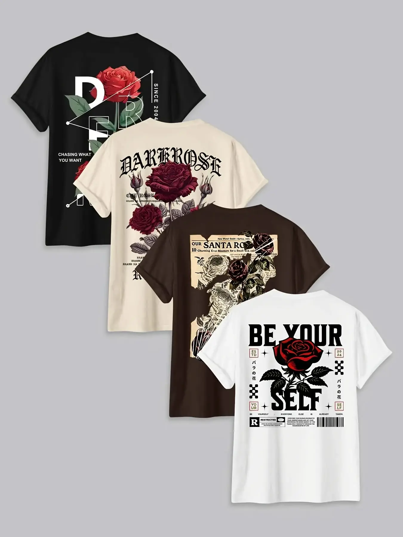 Men's Plus Size Casual Short Sleeve T-Shirt Set of Four, Rose Floral Print, Comfortable and Stylish, Perfect for Daily Wear