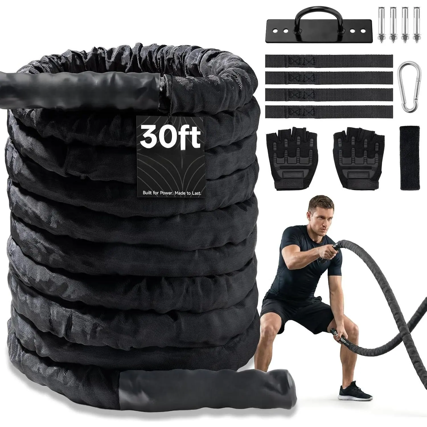 Rope For  Gym Workout - 1.26 Inch 30ft Heavy Weighted  Exercise Ropes Fitness Equipment With Sleeve And Anchor Strap Kit For Outdoor Working Out