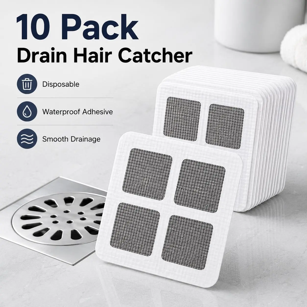 10-Pack Disposable Floor Drain Hair Catcher Stickers, Adhesive Mesh Drain Filter Screens for Shower, Bathtub, Bathroom, Laundry Room, Kitchen Sink & Sewer Drain Cover