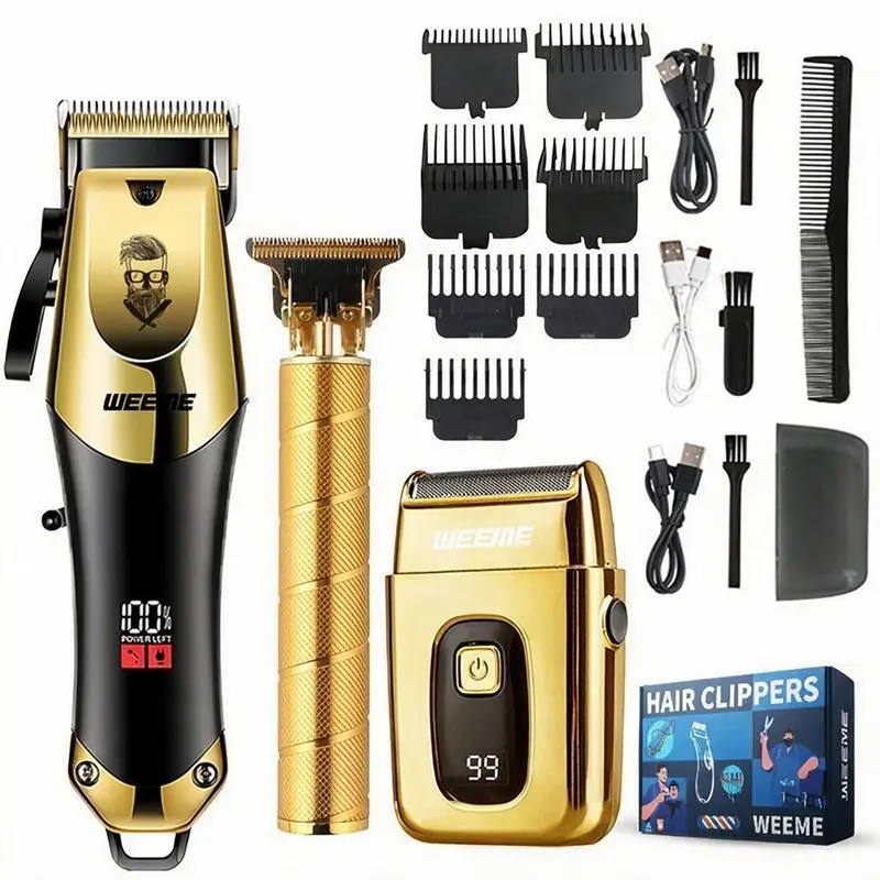 Men's Professional Golden 3-Piece Barber Kit Set - Cordless Hair Clipper, T-Blade Detail Trimmer, LCD Display, USB Charging, Built-In Batteries, Precision Cut Tool for Daily Care, Birthday, Holidays, Ideal Gift for Father’s Day
