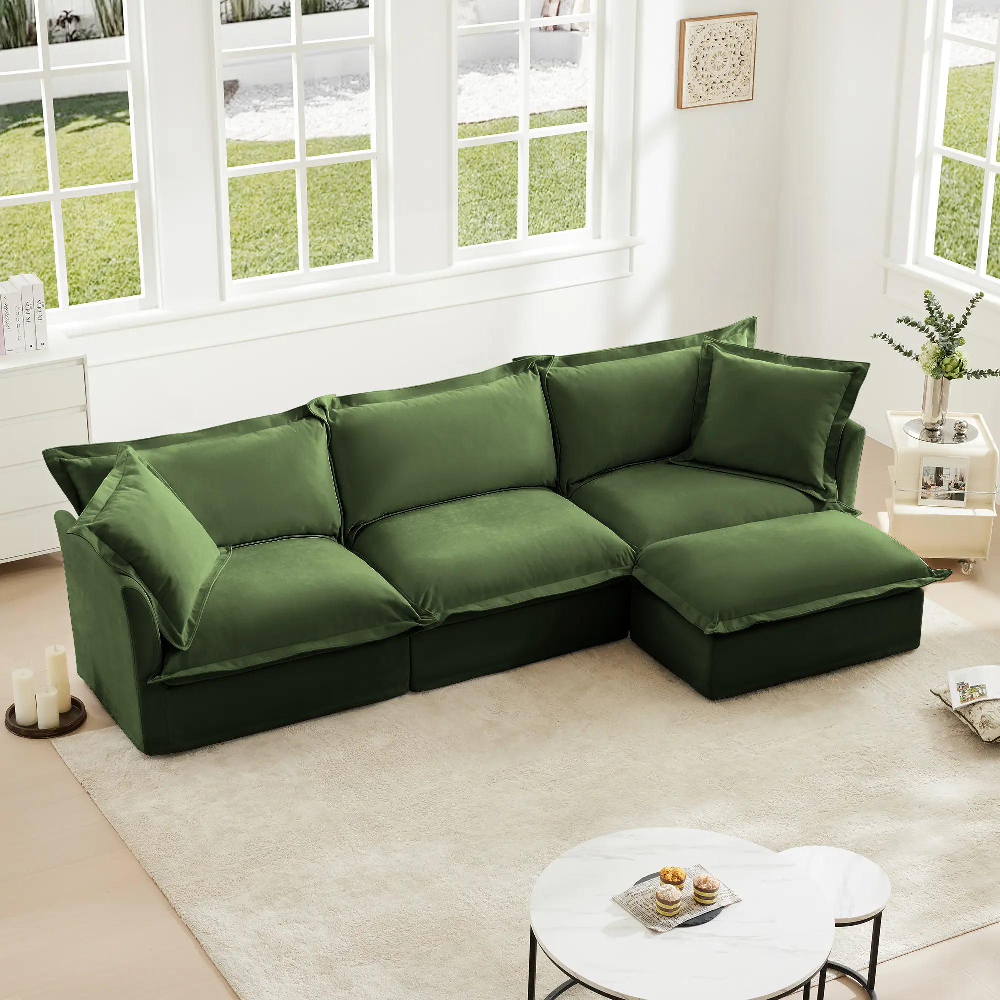 ARCH L-Shaped Sectional Sofa Couch with Ottoman, Comfy Chenille Deep Seat Cloud Couch with 2 Pillows, Modern Oversized 3-Seater Slipcovered Sofa Set for Living Room Office, Green, Living Room Furniture for Apartment, Lounge, Family Room