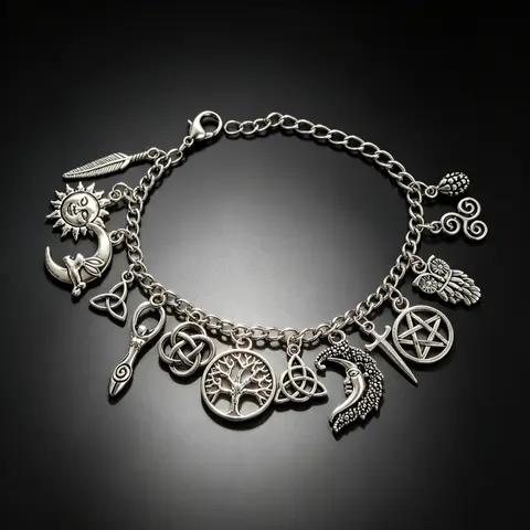 Vintage Witchy Charm Bracelet, Silver-Tone Pagan-Inspired Chain Bracelet with Moon, Sun, Tree of Life, Owl and Pentagram Charms, Celestial Gothic Boho Gift, Alloy Chain Bracelet