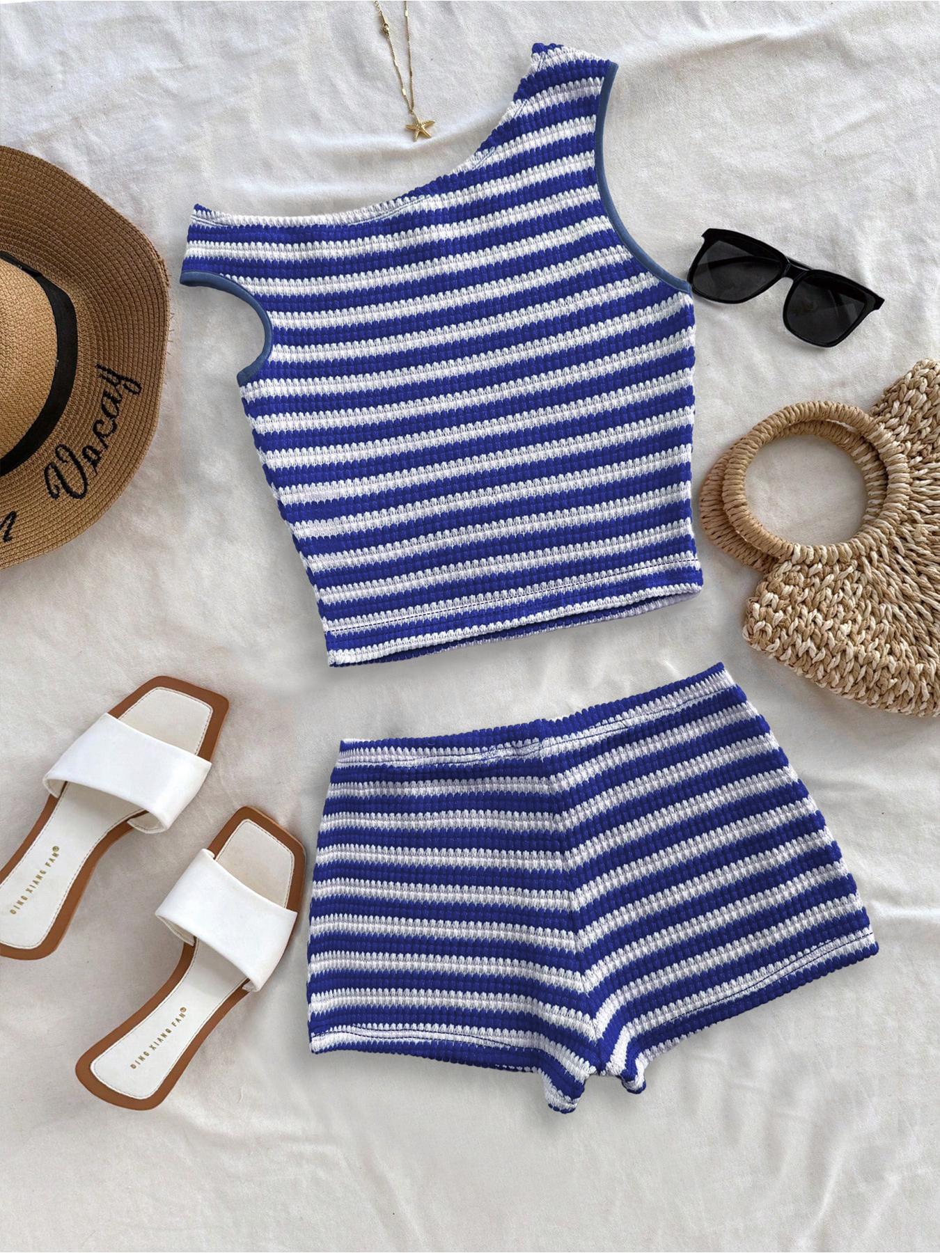 Women's Striped Pattern Asymmetrical Top & Shorts Set without Accessories, Casual Sleeveless Top & Shorts, Ladies Summer Outfit