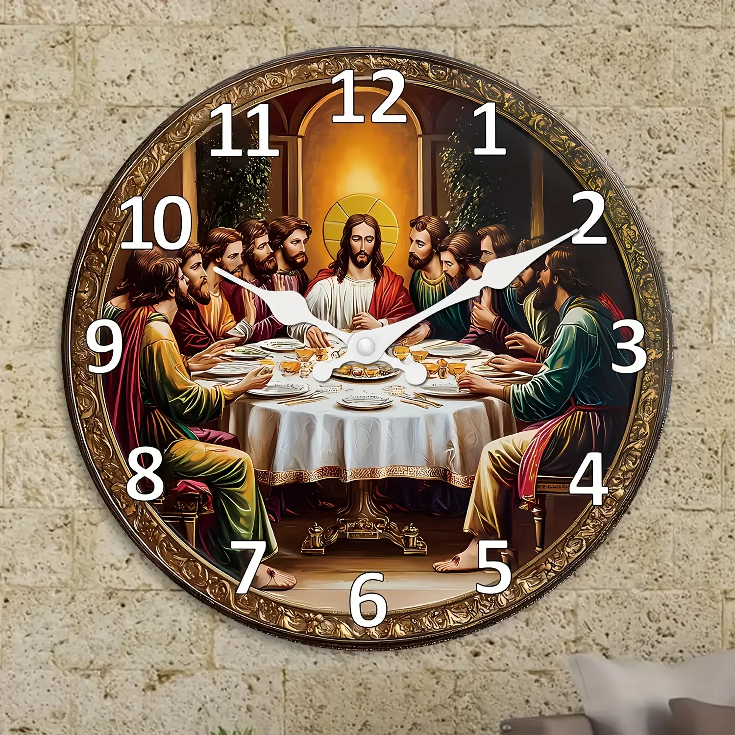 Religious Last Supper & Disciples Wall Clock, Silent Non-Ticking, Large Face, Golden Hands, Roman Numerals, Artificial Construction Decorative Clock for Home Church Decor