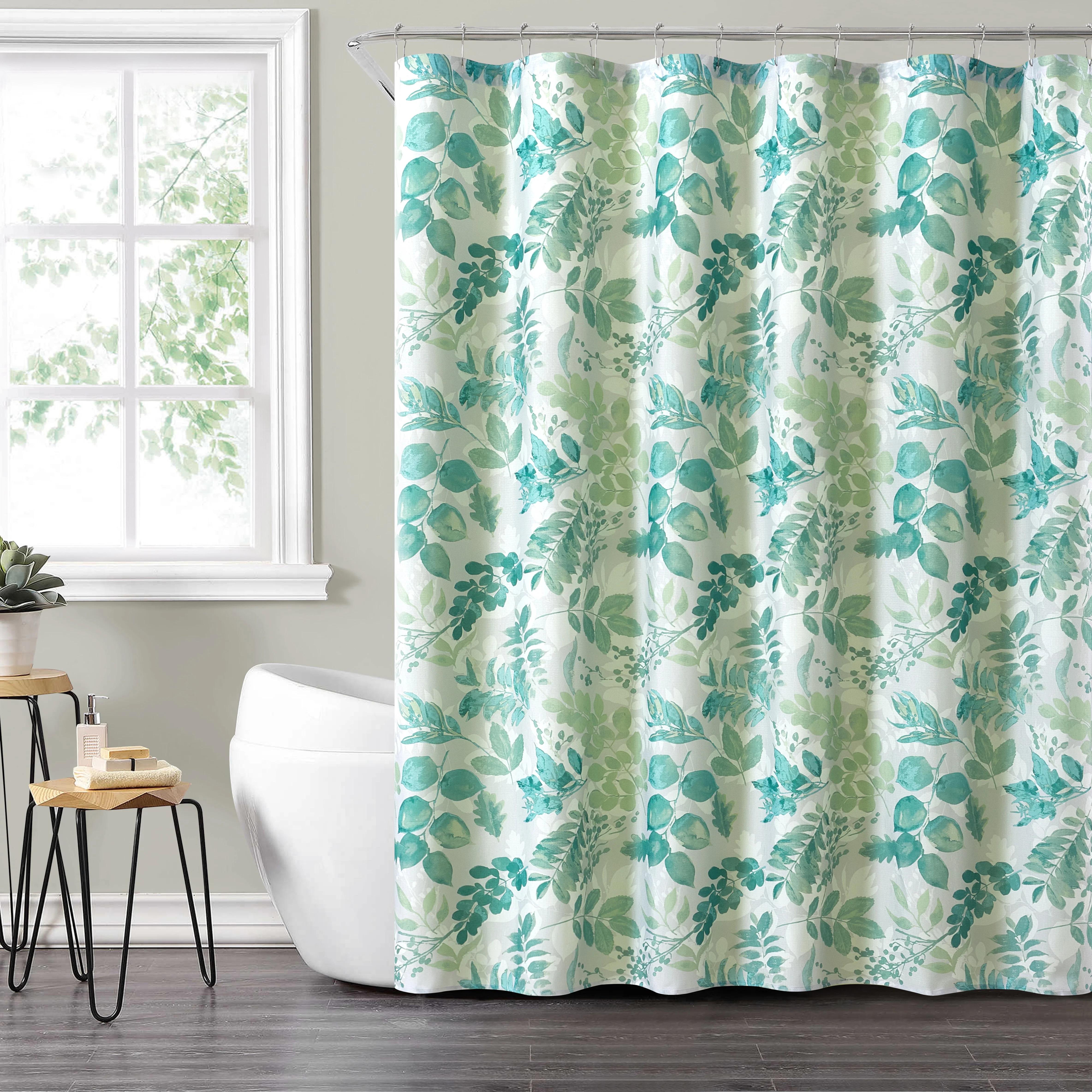 Green Floral Shower Curtain Set with Hooks & Liner – 72x72