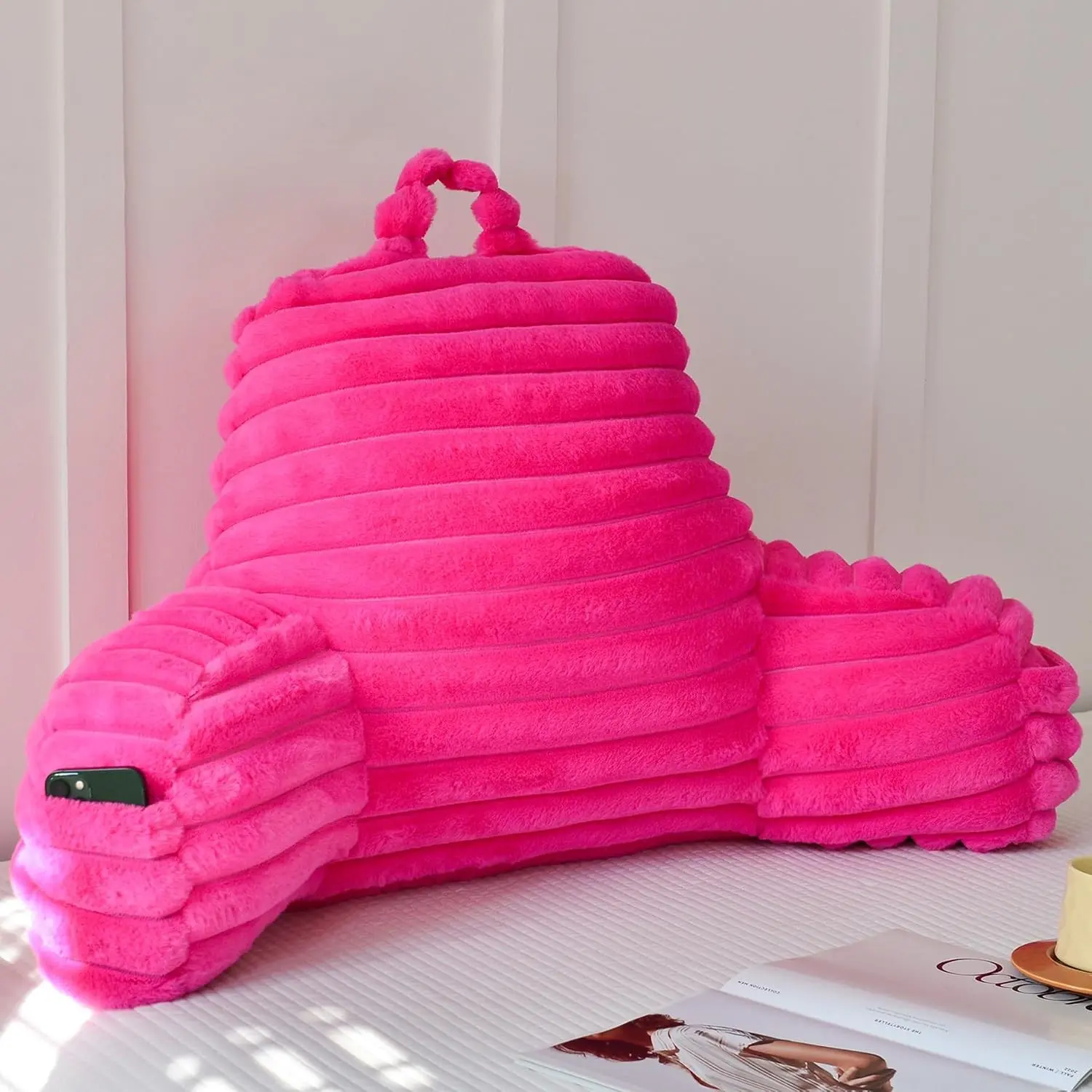 Large Stripe Reading Pillow for Adults with Arm Supports - Back Support for Bed/Lounge Relaxation, Hot Pink Indoor Furniture Accent