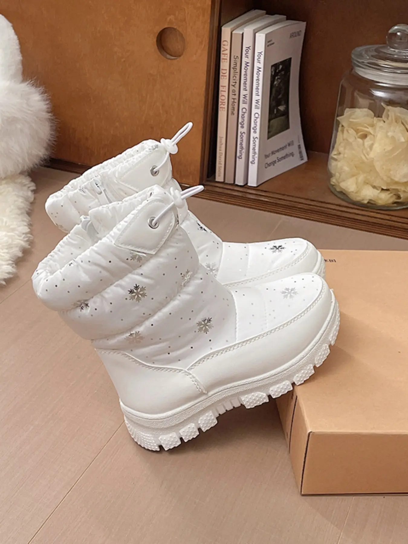 Snowflake Print Kids Mid-Calf Snow Boots for Toddler Girls, Drawstring Lined Waterproof Winter Shoes, Cute PU Leather Design, Fall & Winter Warmth