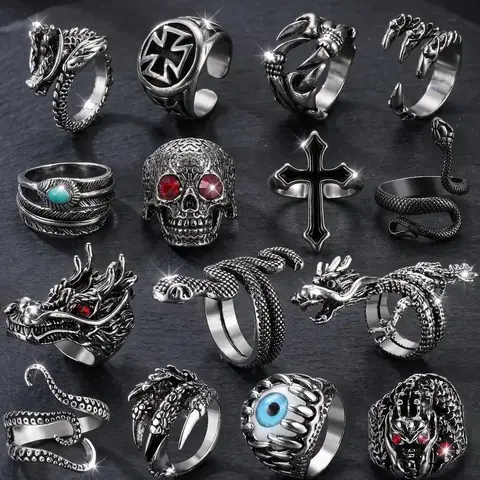 15Pcs Vintage Punk Rings for Men Women Snake Ring Dragon Open Rings Set Knuckle Stacking Ring Boho Finger Rings Trend Halloween Jewelry Stackable Finger Rings