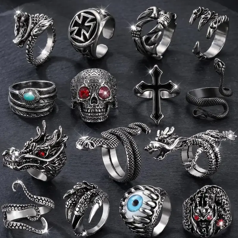 15Pcs Vintage Punk Rings for Men Women Snake Ring Dragon Open Rings Set Knuckle Stacking Ring Boho Finger Rings Trend Halloween Jewelry Stackable Finger Rings