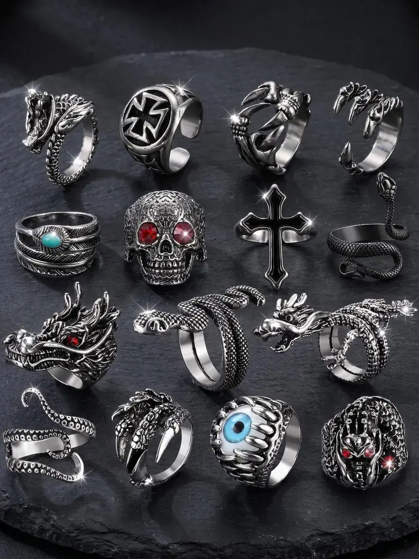 15Pcs Vintage Punk Rings for Men Women Snake Ring Dragon Open Rings Set Knuckle Stacking Ring Boho Finger Rings Trend Halloween Jewelry Stackable Finger Rings