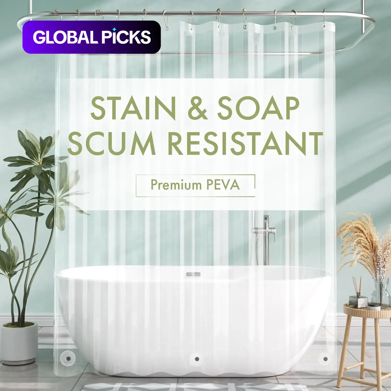 1pc Clear Inside Shower Curtain Liner with Magnets, Waterproof Shower Curtain, Plastic Shower Liner with Magnets & Rustproof Metal Grommets, Lightweight PEVA Shower Curtain with Hooks, Bath Decor, Bathroom Accessory, Shower Essentials #GLOBAL PICKS