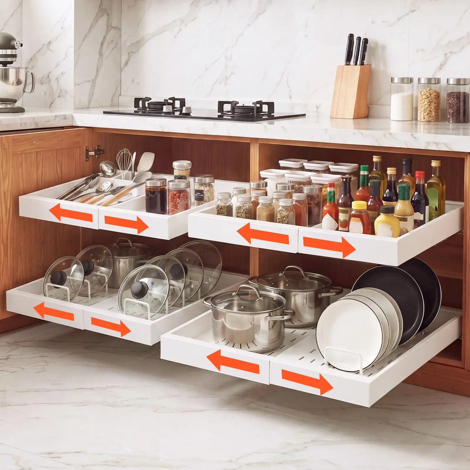 VEVOR Pull Out Cabinet Organizer, 4 Pack Expandable Width (12.2"-18.9"), 20.47" Deep Pull Out Drawers for Cabinets, Sliding Drawer for Kitchen Pantry Cabinet Organizer with Nano Adhesive Strips, Whit