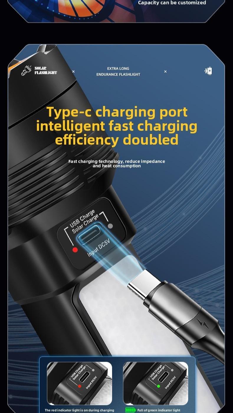 Solar Powered Flashlight, High Brightness Long Range Rechargeable Portable Torch, Concentrated Light for Camping Hiking Emergency