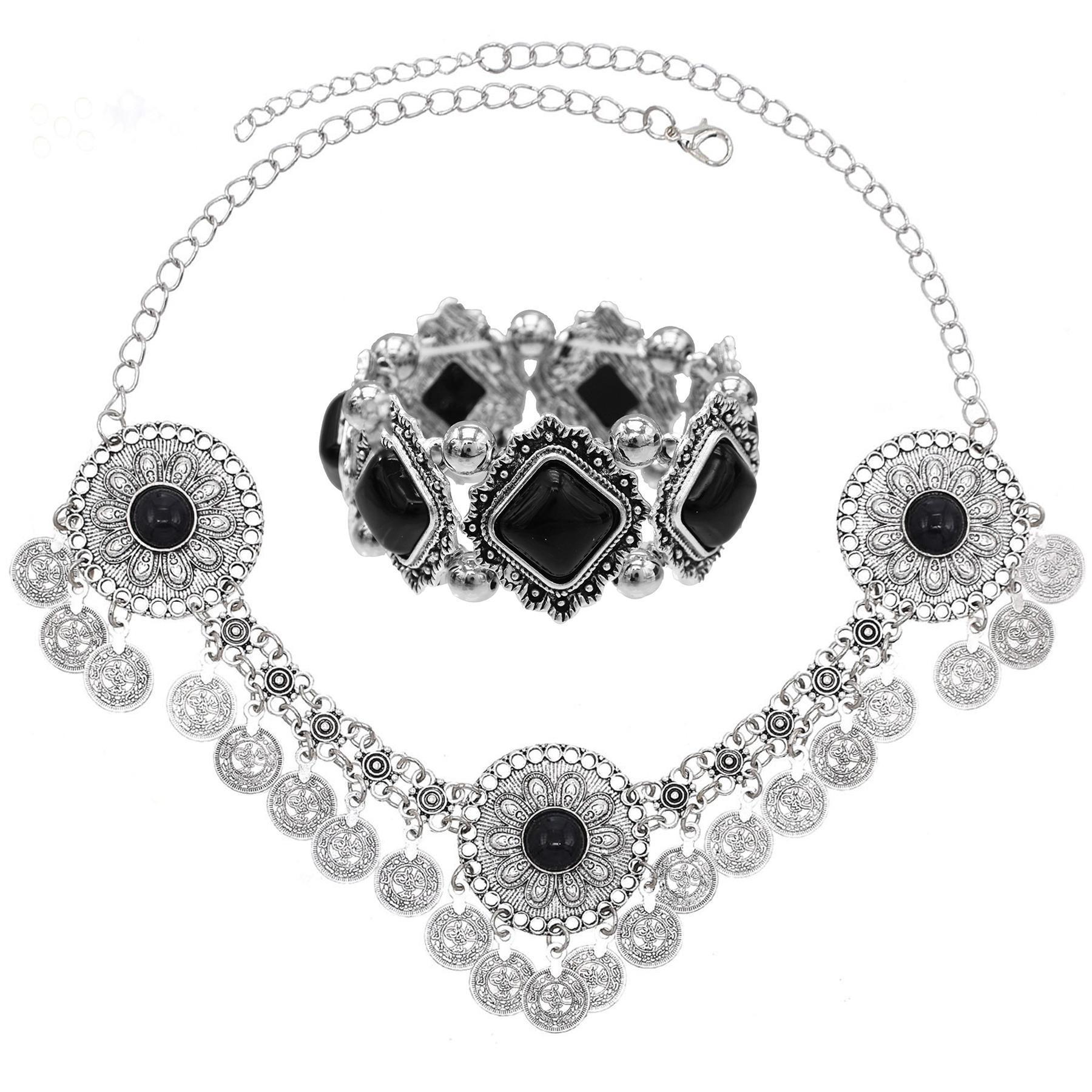 Traditional Kazakhstan Ethnic Coins Bracelet Hair Accessories  for Women Vintage Nepalese Tibetan Clothing Headwear Jewelry Set