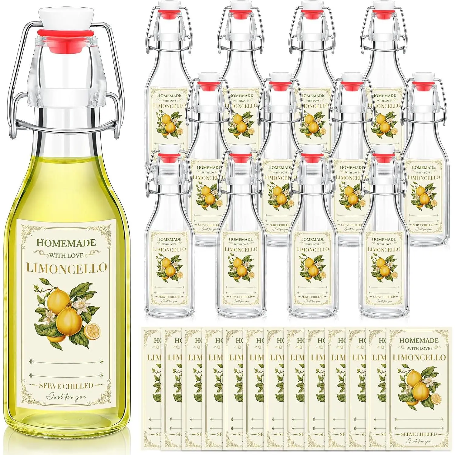 12 Sets Limoncello Swing Top Glass Bottles for Homemade 8 oz Flip Clear Top Lemoncello Bottles with Labels Stoppers for  Brewing Gifts Wedding  Italian Summer Party Favors(Round)