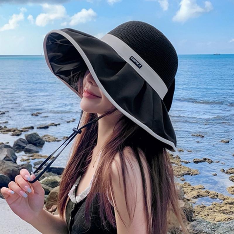 Women's UPF50+ Sun Protection Hat, Wide-Brim Foldable UV-Protective Beach Hat with Bow, Summer Travel Vacation Sun Hat